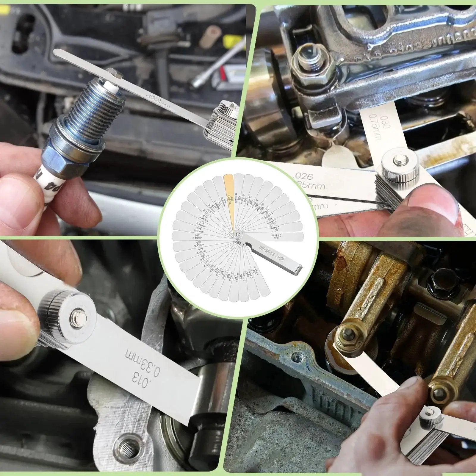 Close-up of a Stainless Steel Feeler Gauge Set With 32 Blades For Precise Valve And Spark Plug Gap Adjustment, dual metric and imperial readings in use for automotive adjustments.
