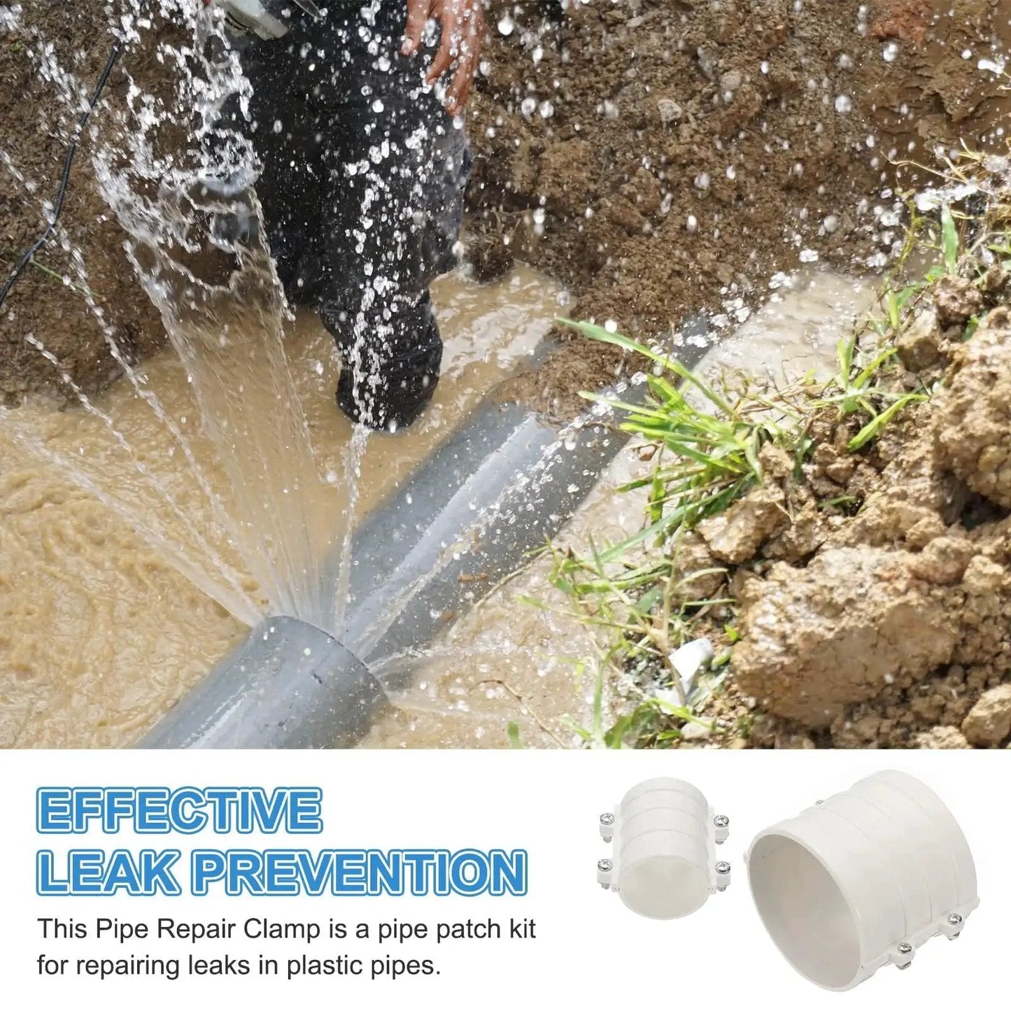 2 Inch Water Pipe Repair Clamp PVC Leak Sealer fixing leak in plastic pipe with water spraying, lightweight durable white clamp visible
