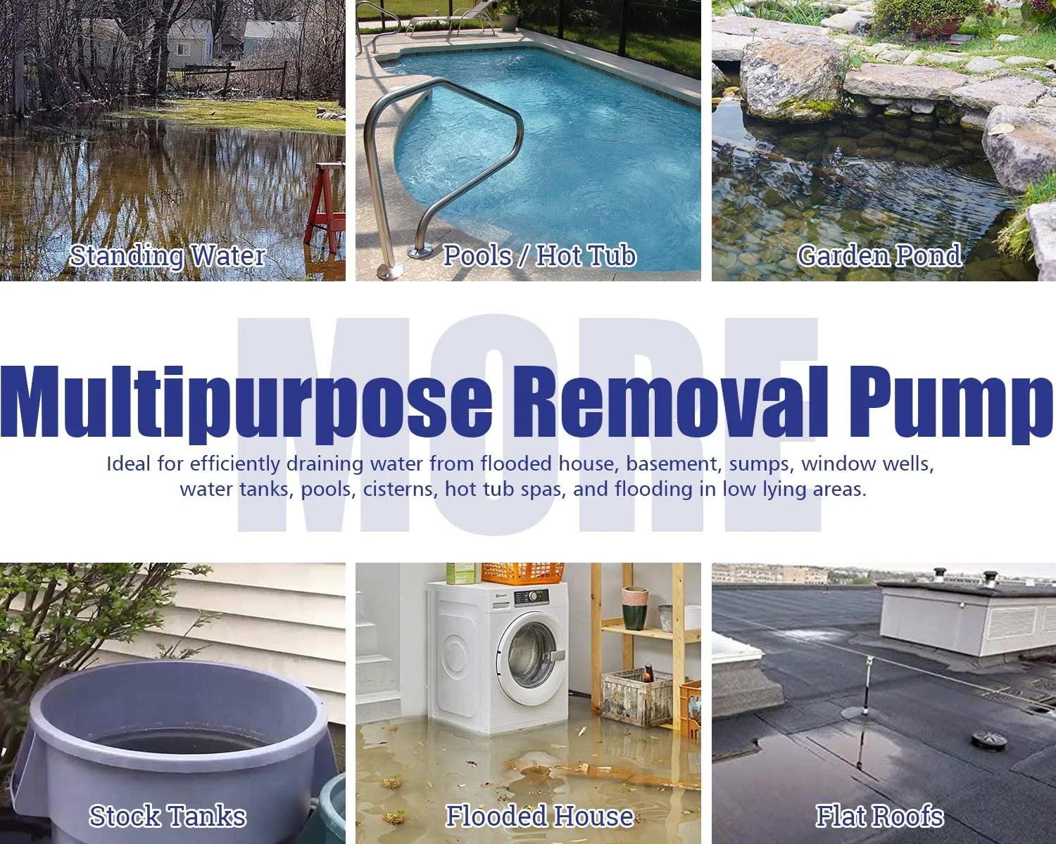 Collage showing uses of Powerful Submersible Sump Pump For Fast Water Removal One Quarter HP 1800 GPH High Flow With 25 Foot Power Cord