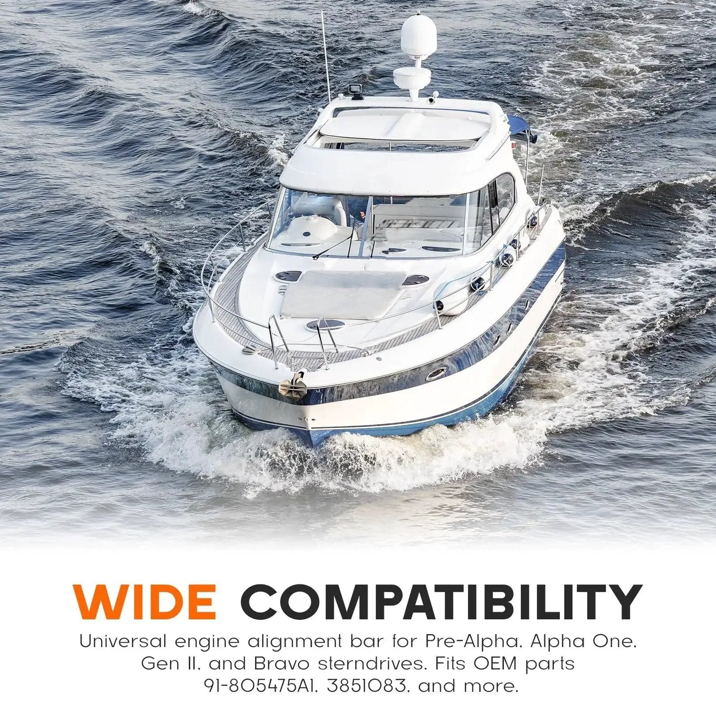 Boat in water showcasing wide compatibility of gimbal bearing puller kit for Mercruiser Alpha One Bravo MR OMC Volvo sterndrive.
