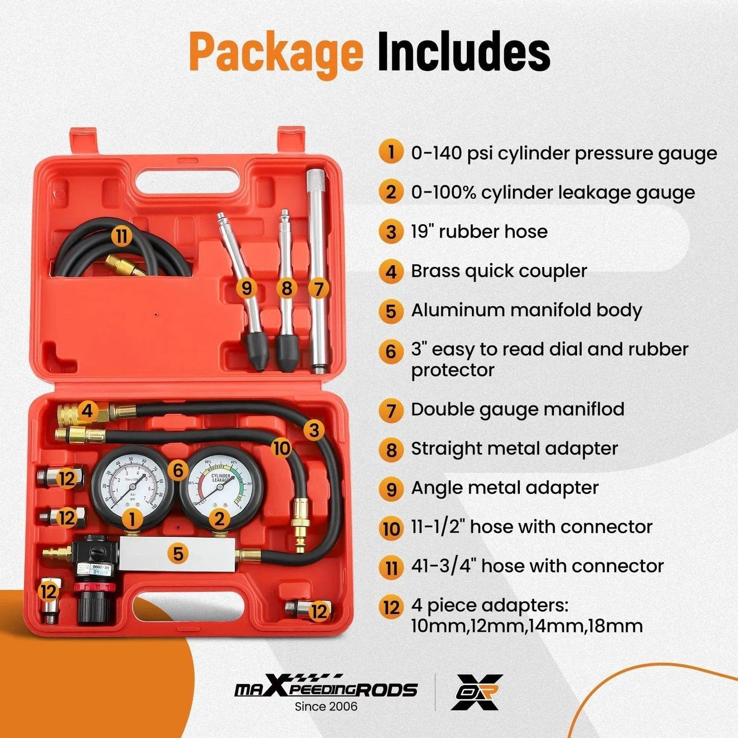 Dual Gauge Cylinder Leak Down Tester Kit For Gasoline Engines With Extension Rod And Simultaneous Pressure And Leak Rate Readouts MaXpeedingrods in red case with components labeled.