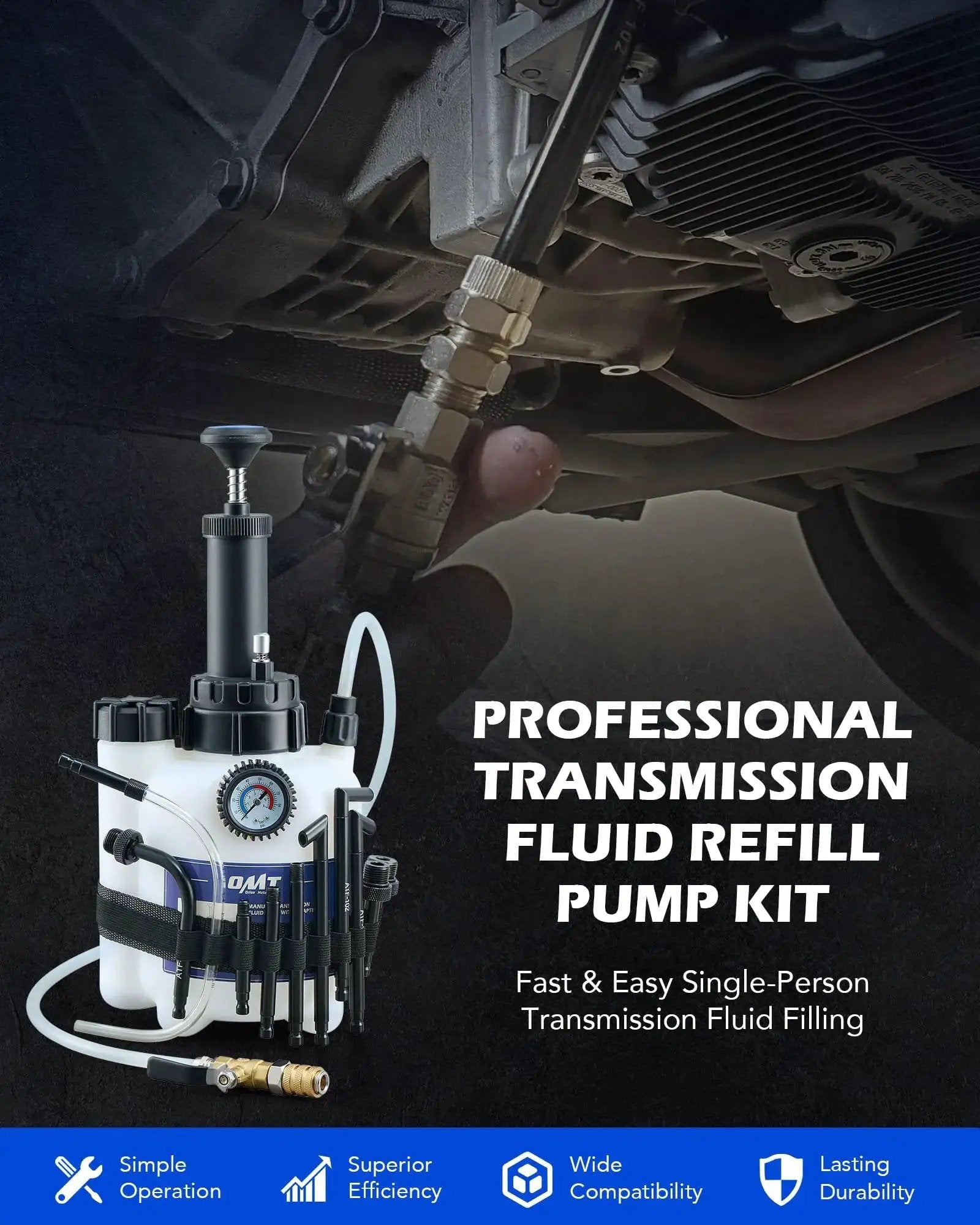 3L Transmission Fluid Pump With 12 ATF Adapters And Pressure Gauge shown in front of vehicle transmission for refill process.