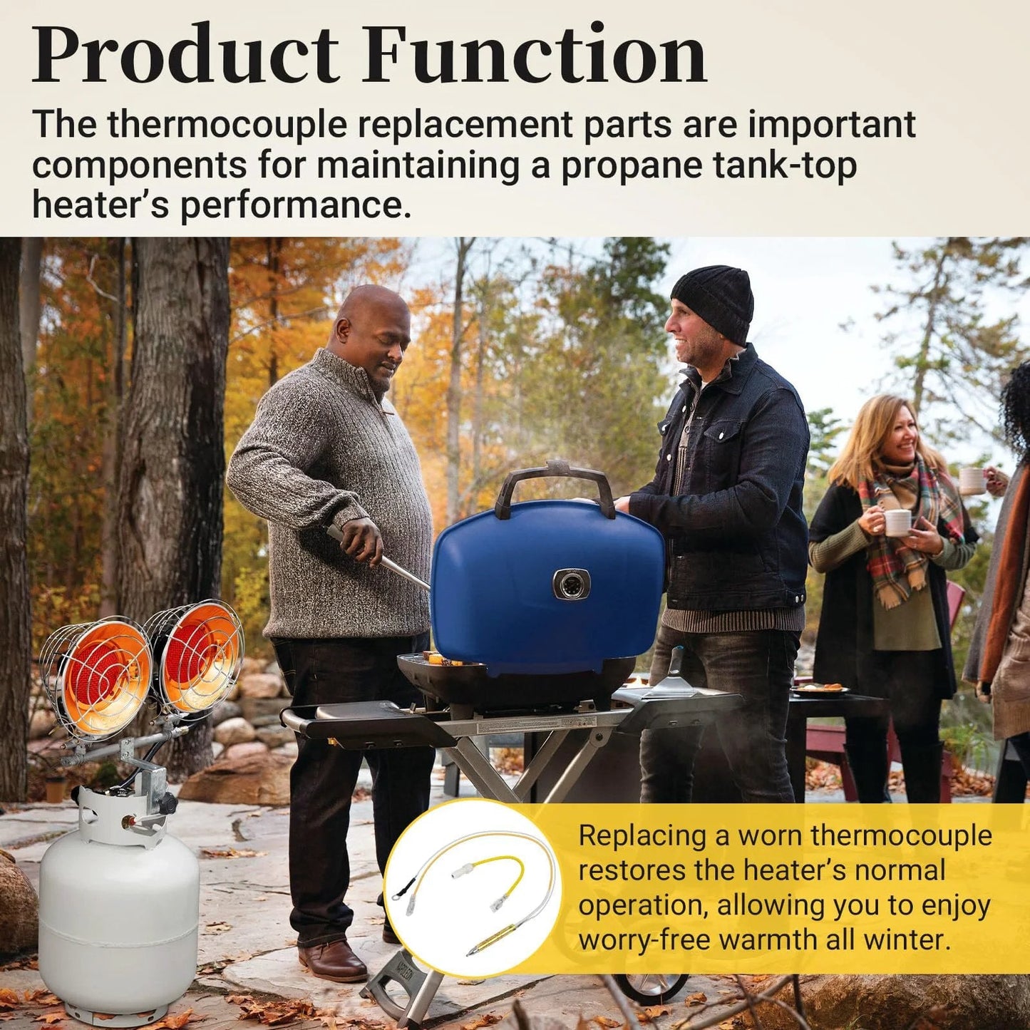 People enjoying outdoor grilling with propane heater, featuring Propane Tank Top Heater Thermocouple Safety Assembly Kit.