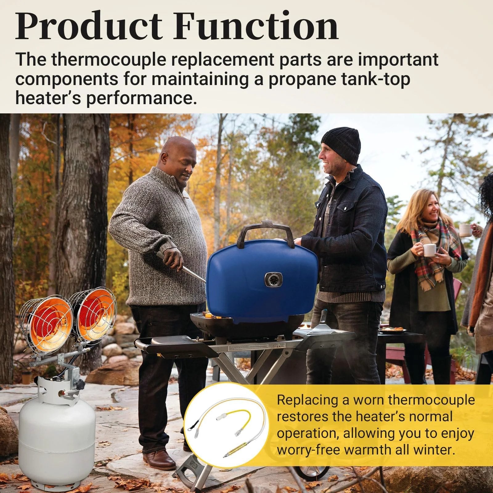 People enjoying outdoor grilling with propane heater, featuring Propane Tank Top Heater Thermocouple Safety Assembly Kit.