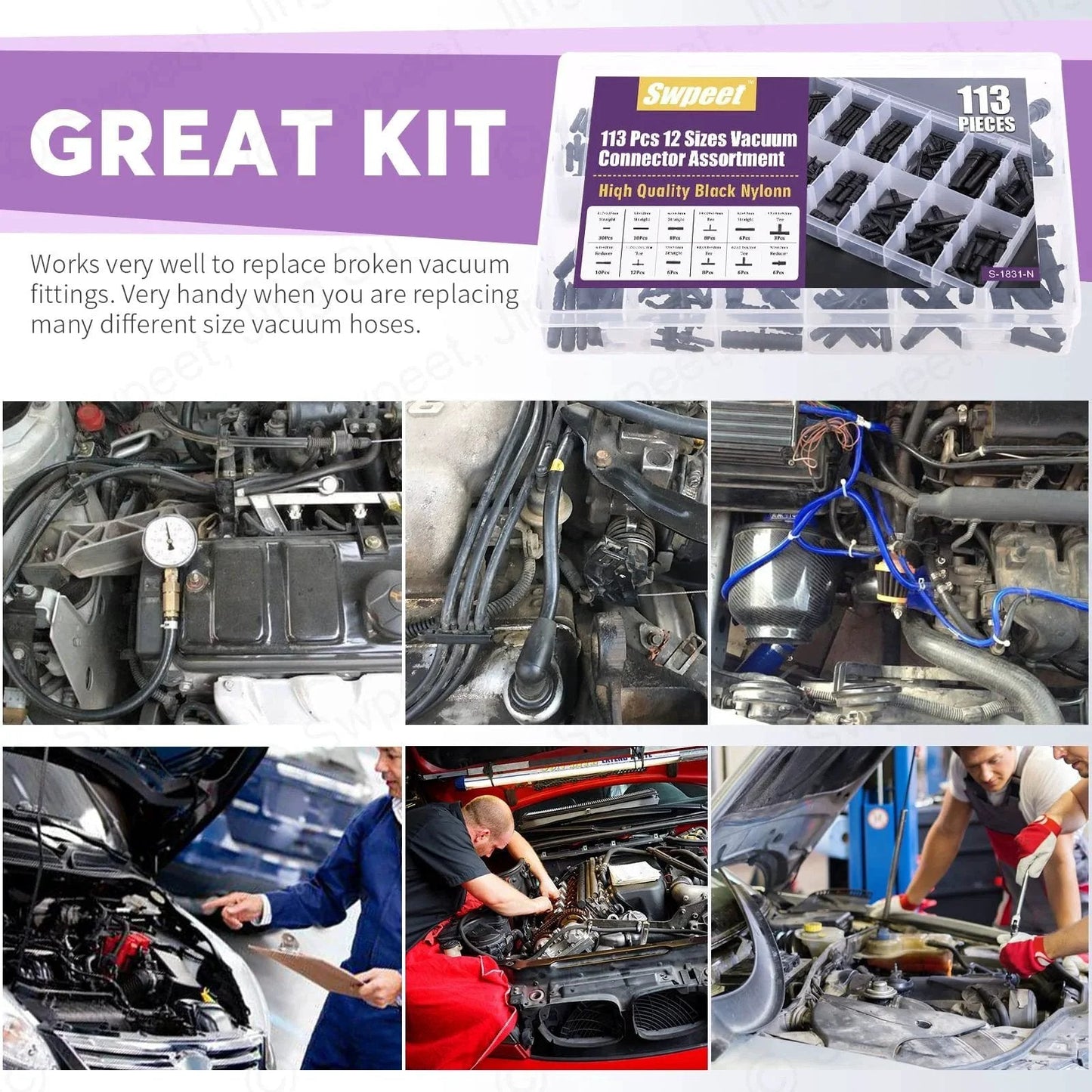 All In One 113 Piece Barbed Vacuum Connector Kit With Tee Connectors Reducers And Straight Hose Fittings For Replacing Vacuum Hoses In Cars Trucks Boats And Home Appliances Swpeet box and usage examples in vehicle repair