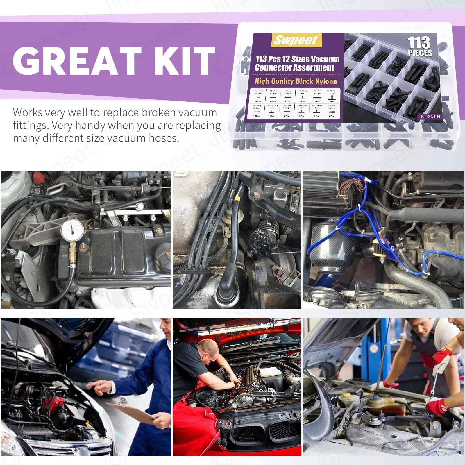 All In One 113 Piece Barbed Vacuum Connector Kit With Tee Connectors Reducers And Straight Hose Fittings For Replacing Vacuum Hoses In Cars Trucks Boats And Home Appliances Swpeet box and usage examples in vehicle repair