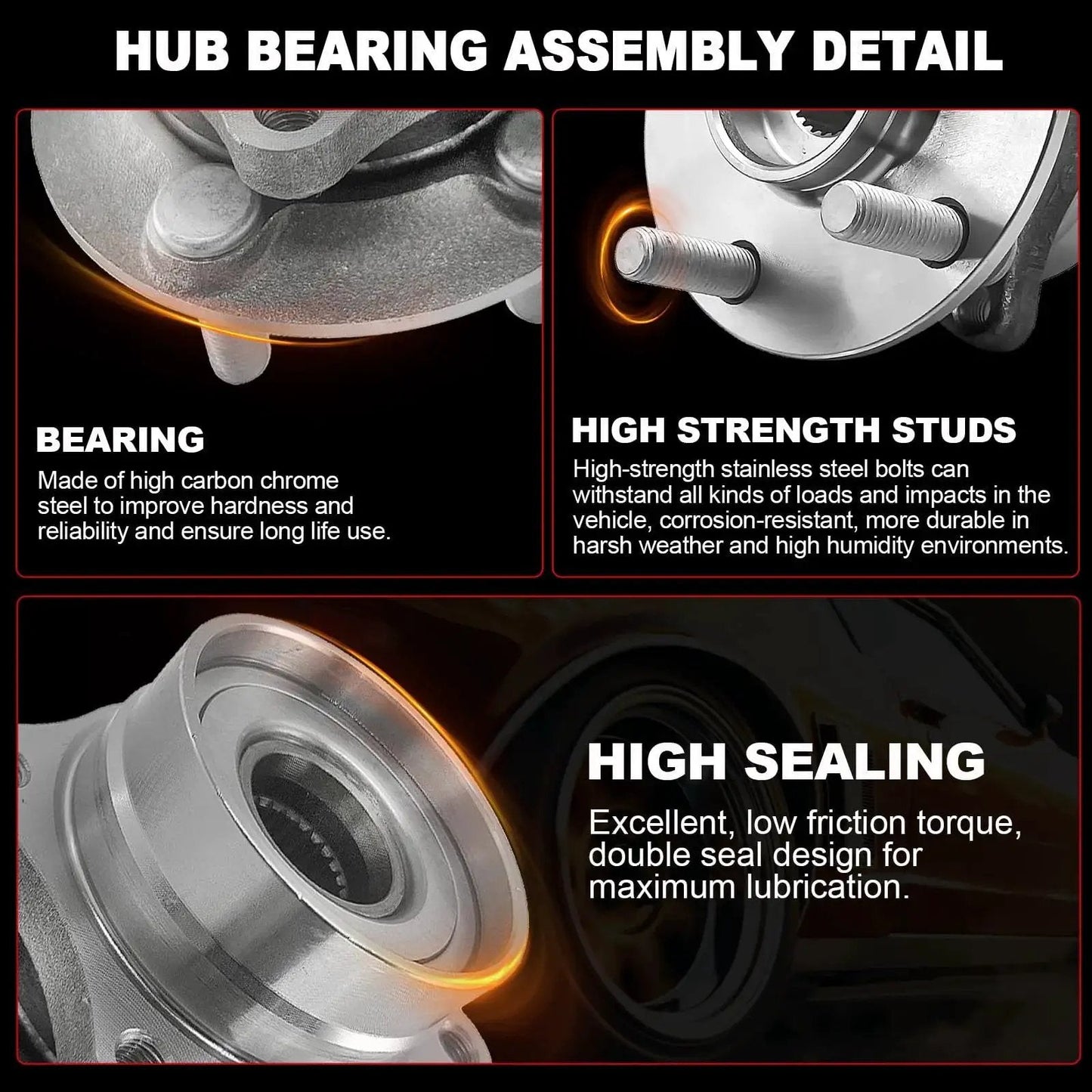 Pair 513121 Front Wheel Bearing Hub Assembly For GM Vehicles, 5 Lug, ABS, high carbon steel, high strength studs, sealing detail
