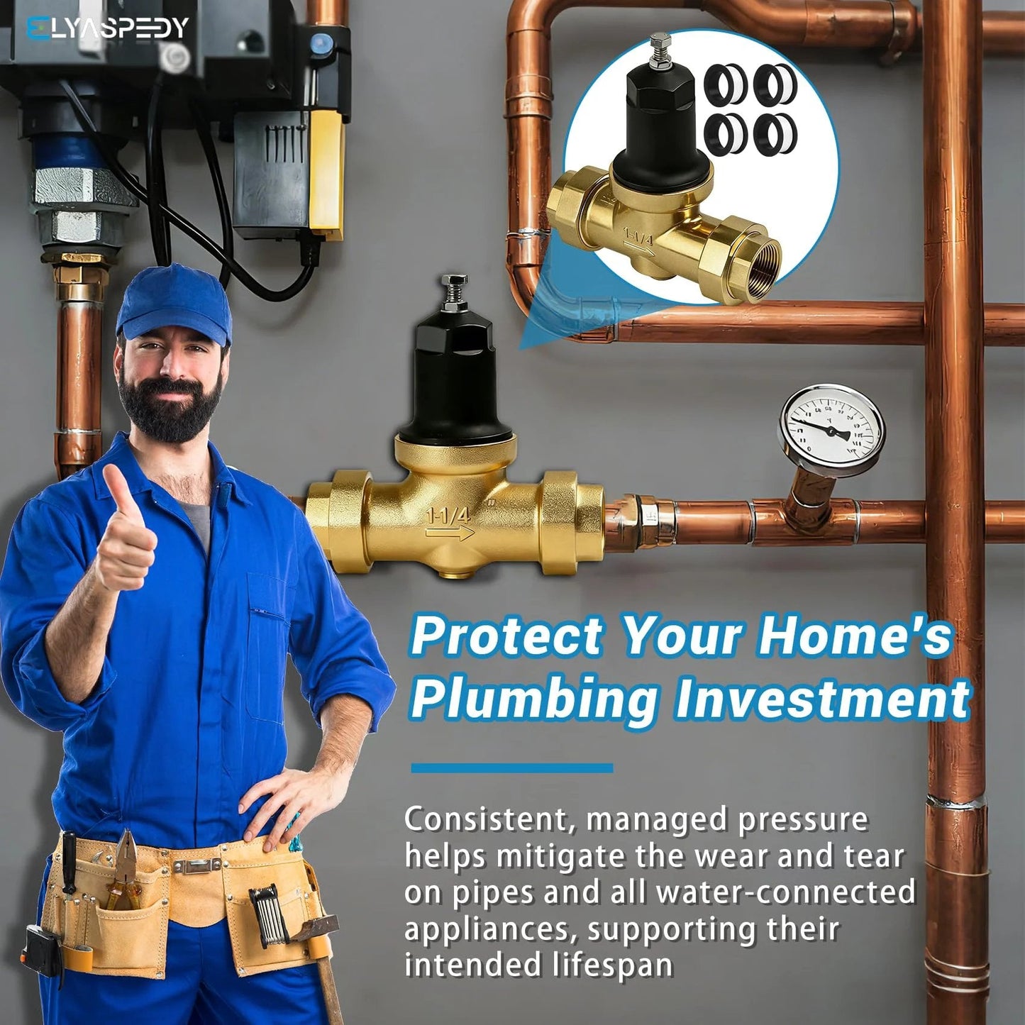 Plumber next to One And A Quarter Inch NR3XL Pressure Reducing Valve For Drinking Water Lines With Double Internal NPT Threads, installed on pipes.