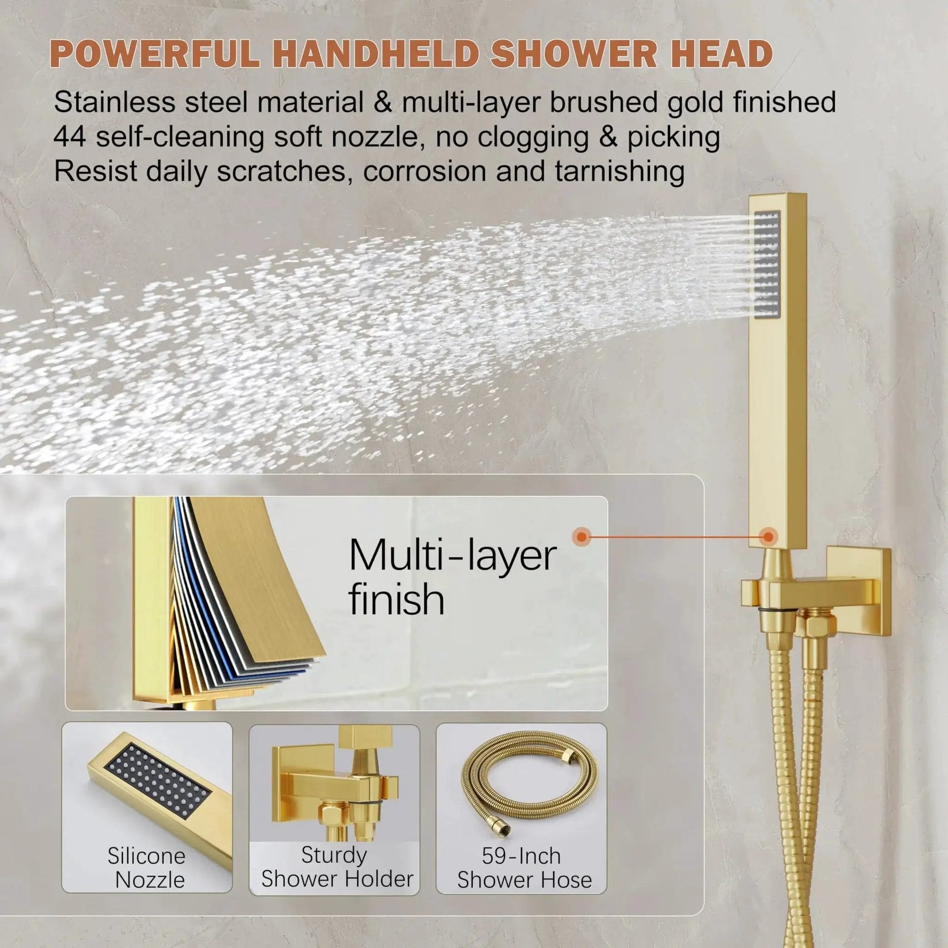 Powerful handheld shower head with 59-inch hose, silicone nozzle, gold finish, part of Gold Shower System With 10 Inch Rain Showerhead And Handheld Spray, Wall Mounted High Pressure Shower Head Set Including Valve And Trim, Brushed Gold Finish, 304 Stainless Steel Construction, Easy Install For A Spa Like Shower Experience By HoliSpa; shower holder visible