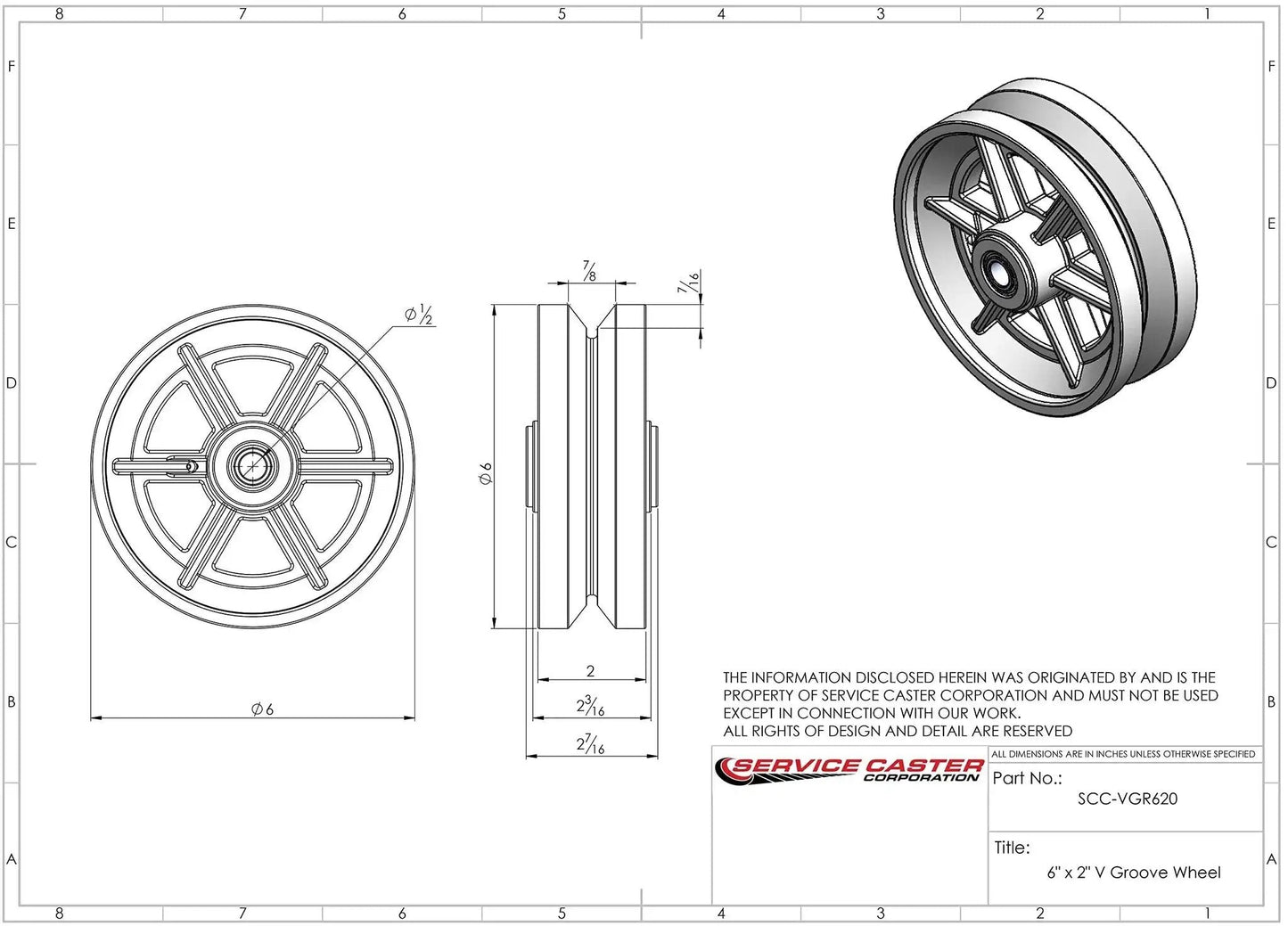 Technical drawing of Replacement Wheel For Grainger 400K37 6 Inch Semi Steel Cast Iron V Groove Wheel With Roller Bearing One Half Bore.