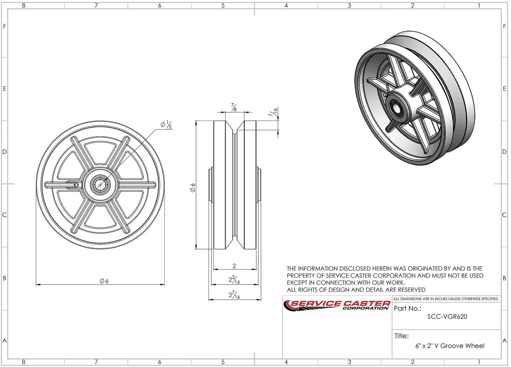 Technical drawing of Replacement Wheel For Grainger 400K37 6 Inch Semi Steel Cast Iron V Groove Wheel With Roller Bearing One Half Bore.