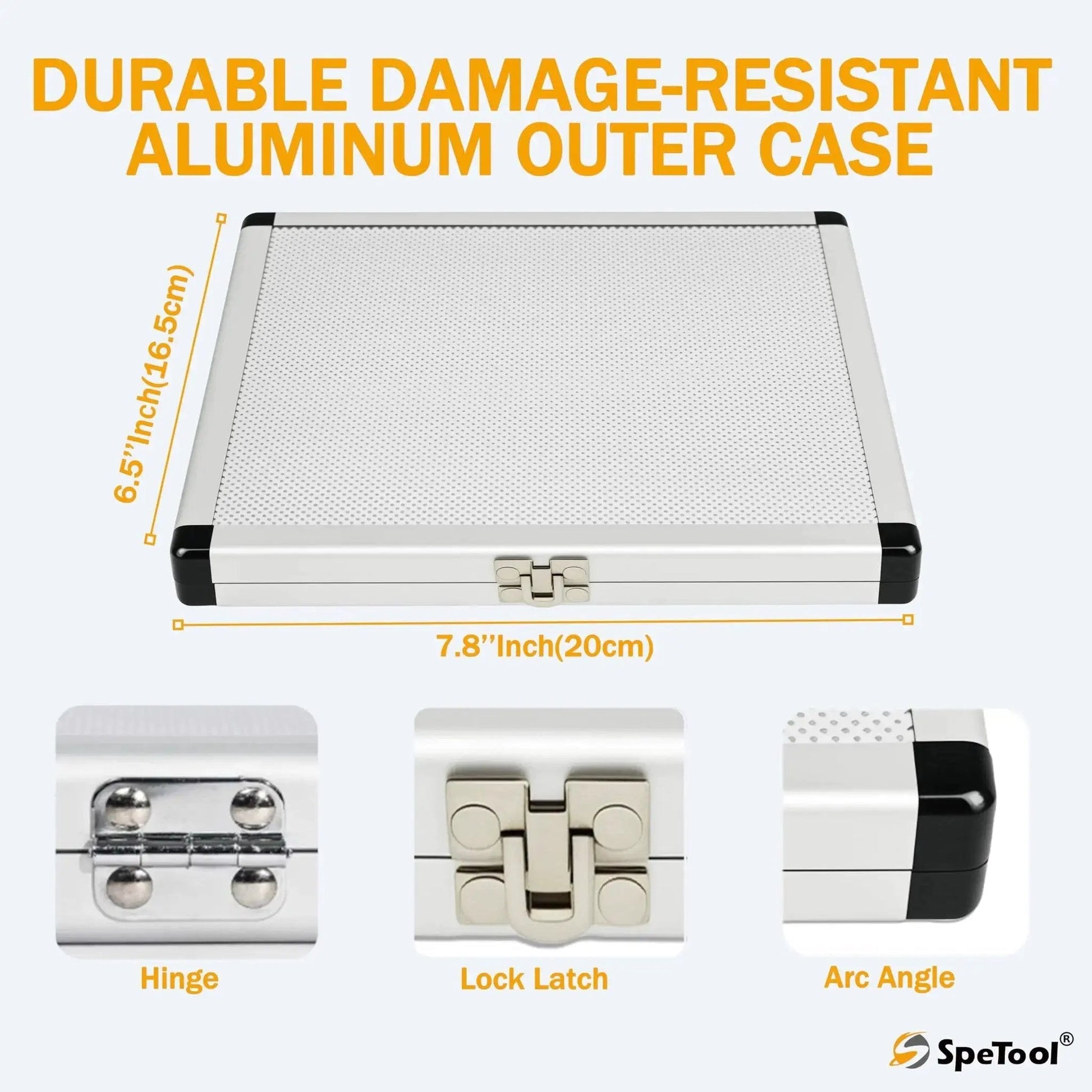 Pro Grade 13 Piece Brass Router Templates Bushing Guide Set aluminum case with hinge and lock latch details