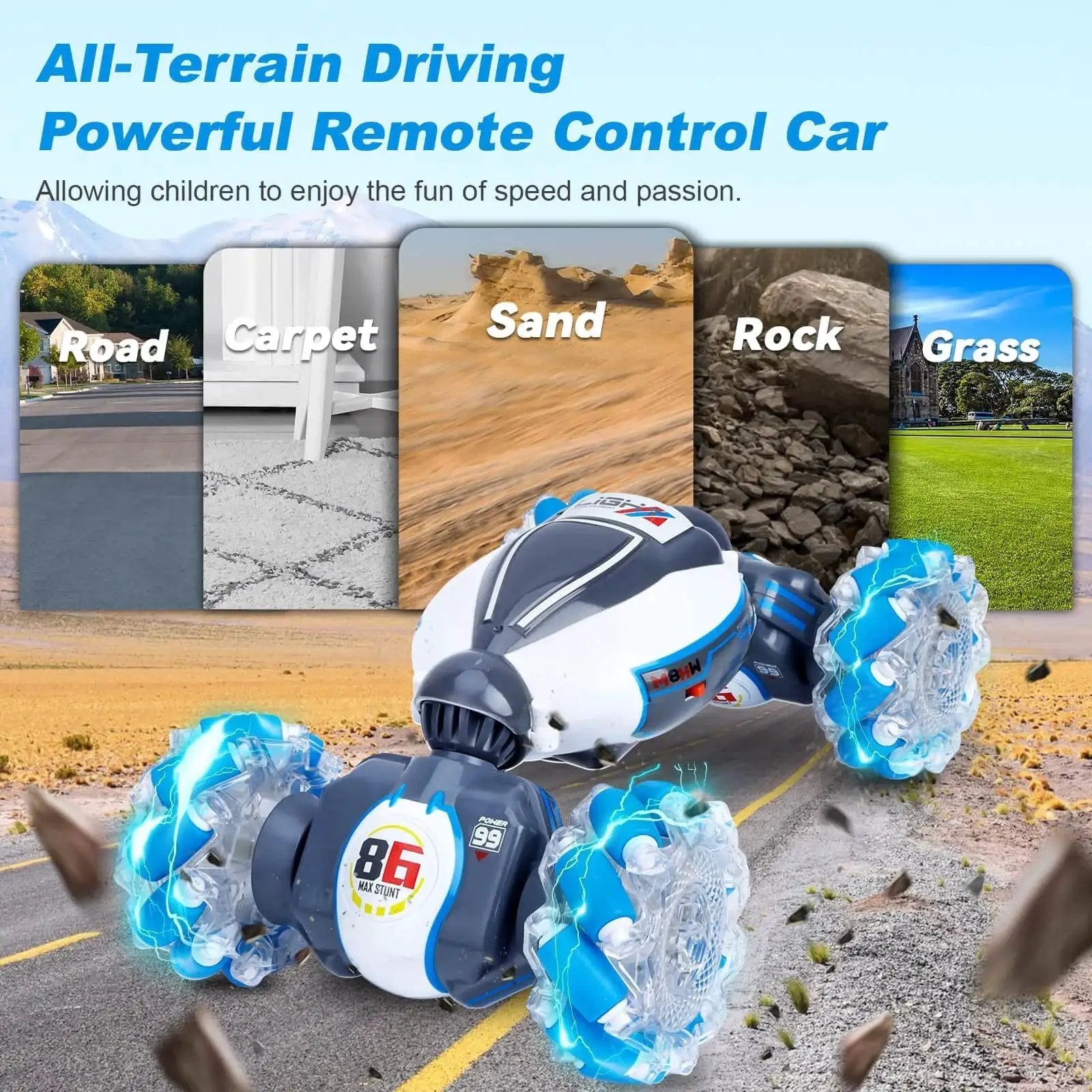 Gesture Sensing RC Stunt Car For Kids And Teens, 360 Degree Spin, Off Road Drifting, shown driving on various terrains.