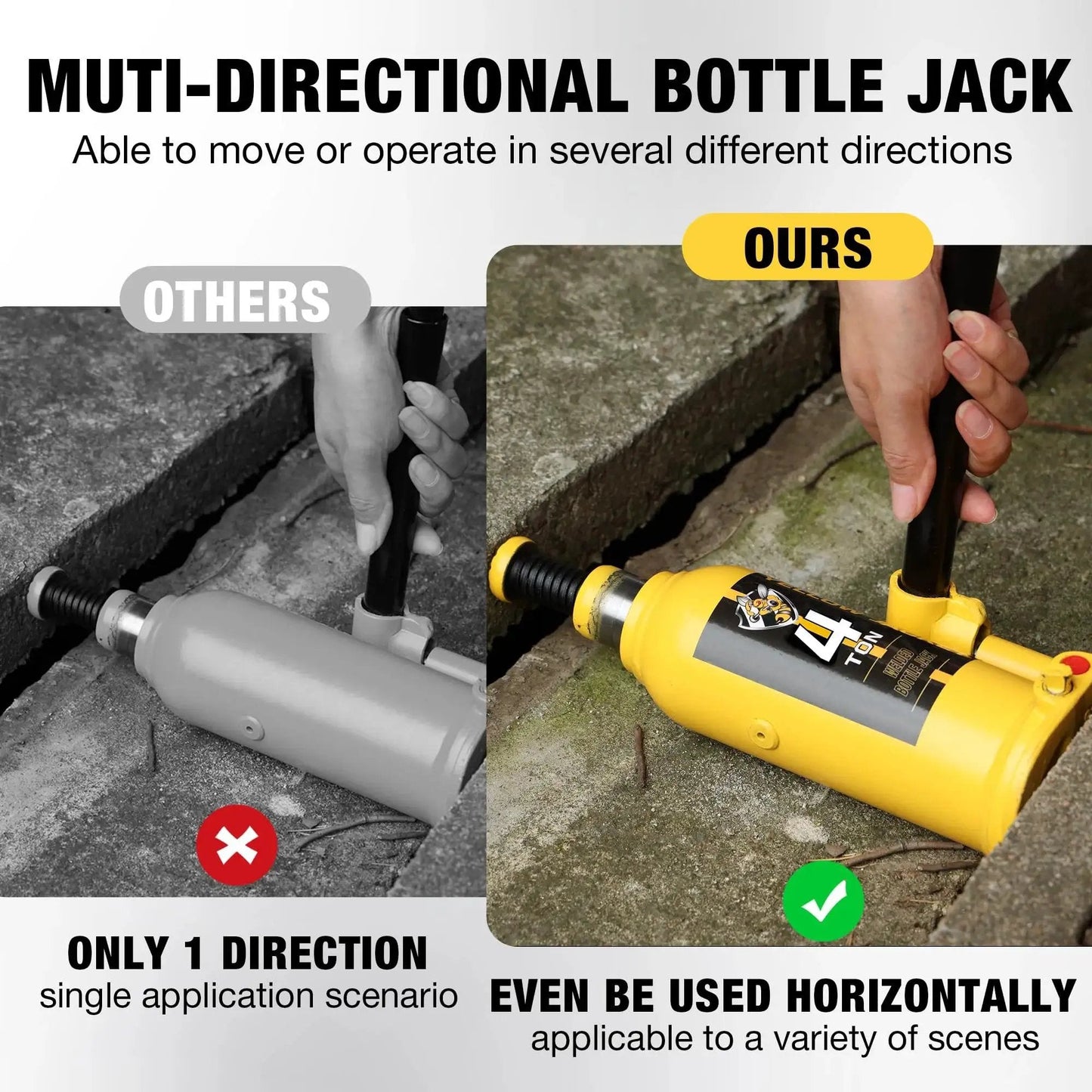 4 Ton Multi Directional Welded Bottle Jack With Carrying Case For Car Repair used horizontally on outdoor pavement