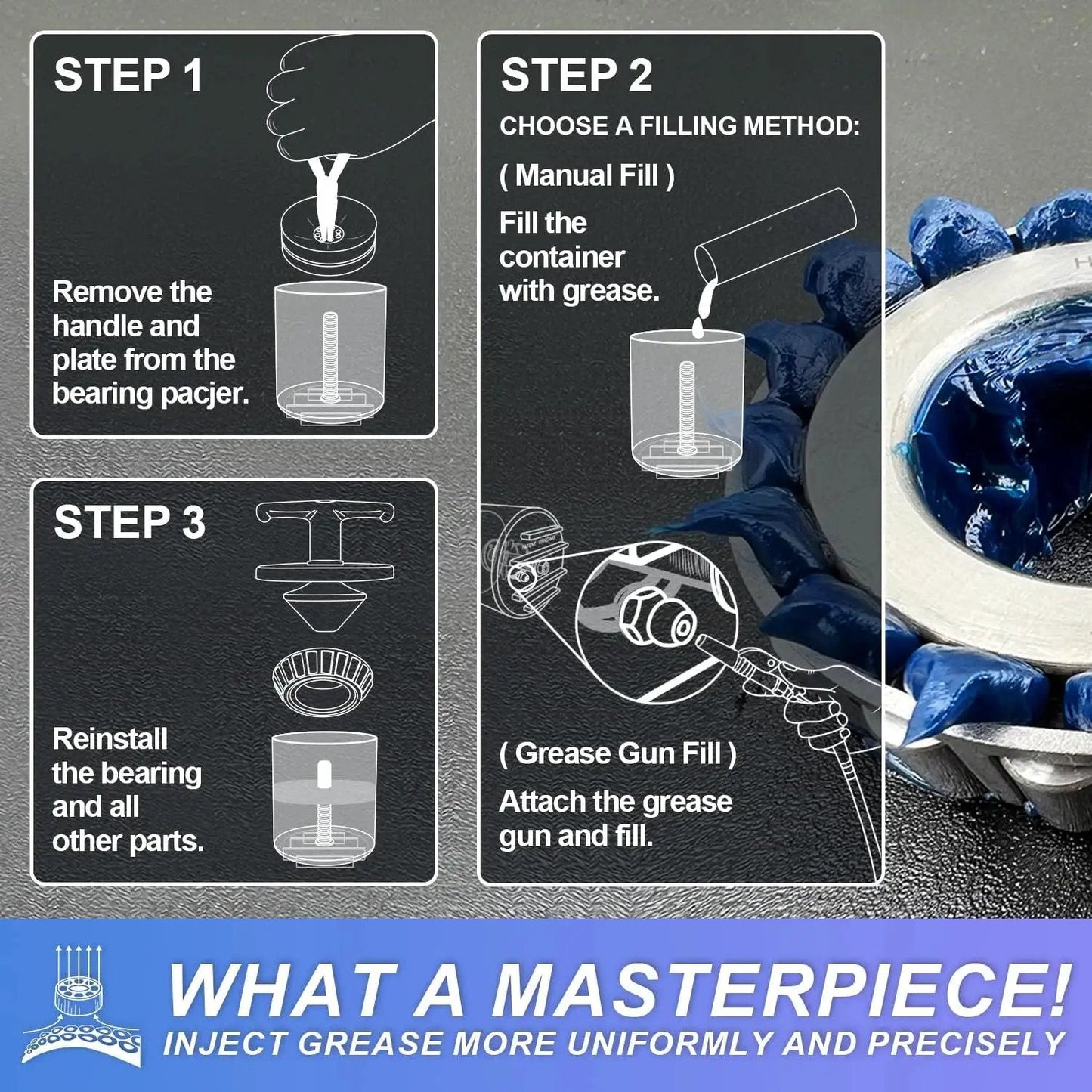 Rotation Handle Bearing Packer For Effortless Wheel Bearing Grease Application infographic with instructions