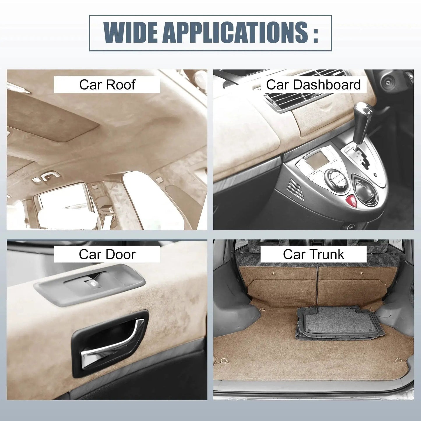 Beige Suede Headliner Fabric With 3mm Foam Backing For Car Truck SUV Interior shown on roof, dashboard, door, and trunk