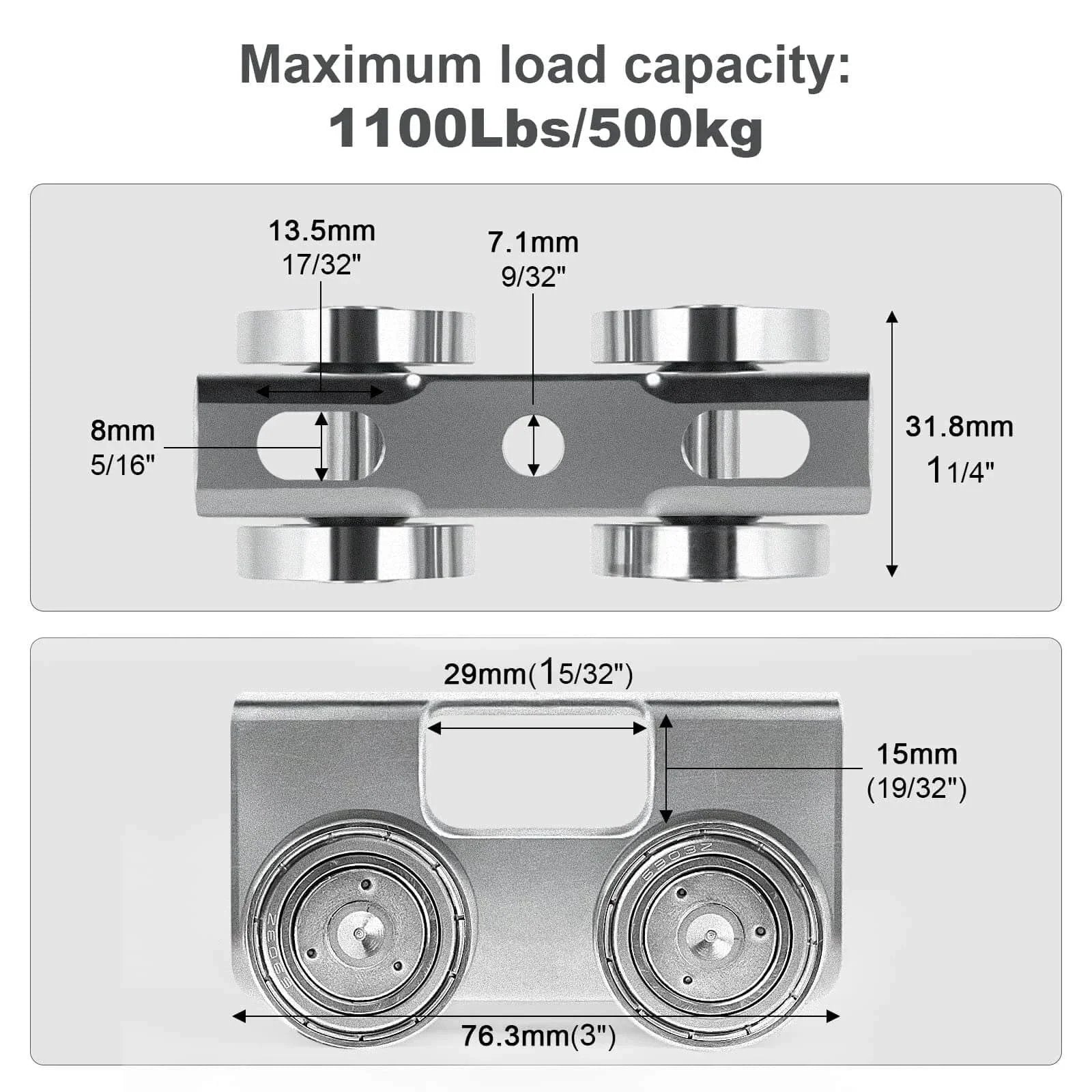 Detailed diagram of upgraded four wheel trolley assembly for stable load handling fits 1 5/8 inch or taller strut channel pack of eight