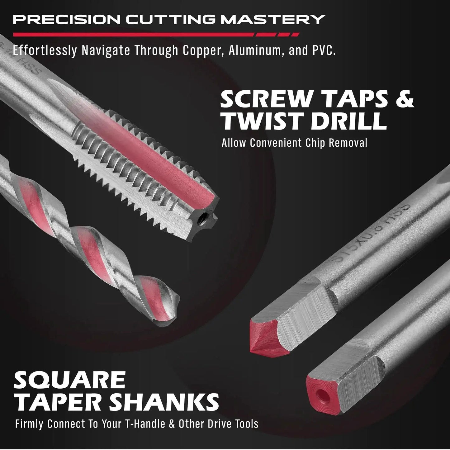 Close-up of screw taps and twist drill from the Thread Repair Kit 320-Piece Universal Metric SAE Rethread Tool Set For Engines.