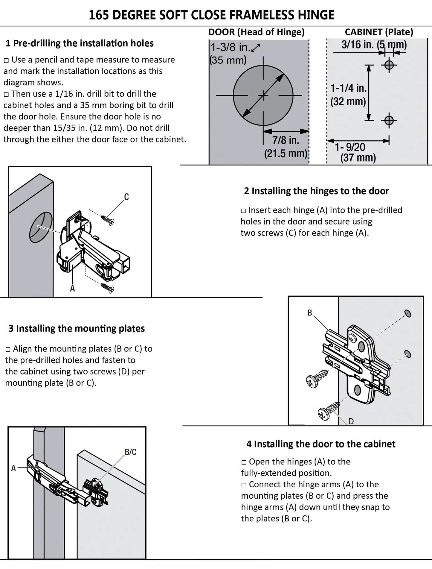 Installation guide for Concealed Hydraulic 165 Degree Frameless Cabinet Door Hinges With Adjustable Mounting Easy Install Soft Closing Nickel Plated Steel Buffer Dampers For Wardrobe 2 Pack Full Overlay.