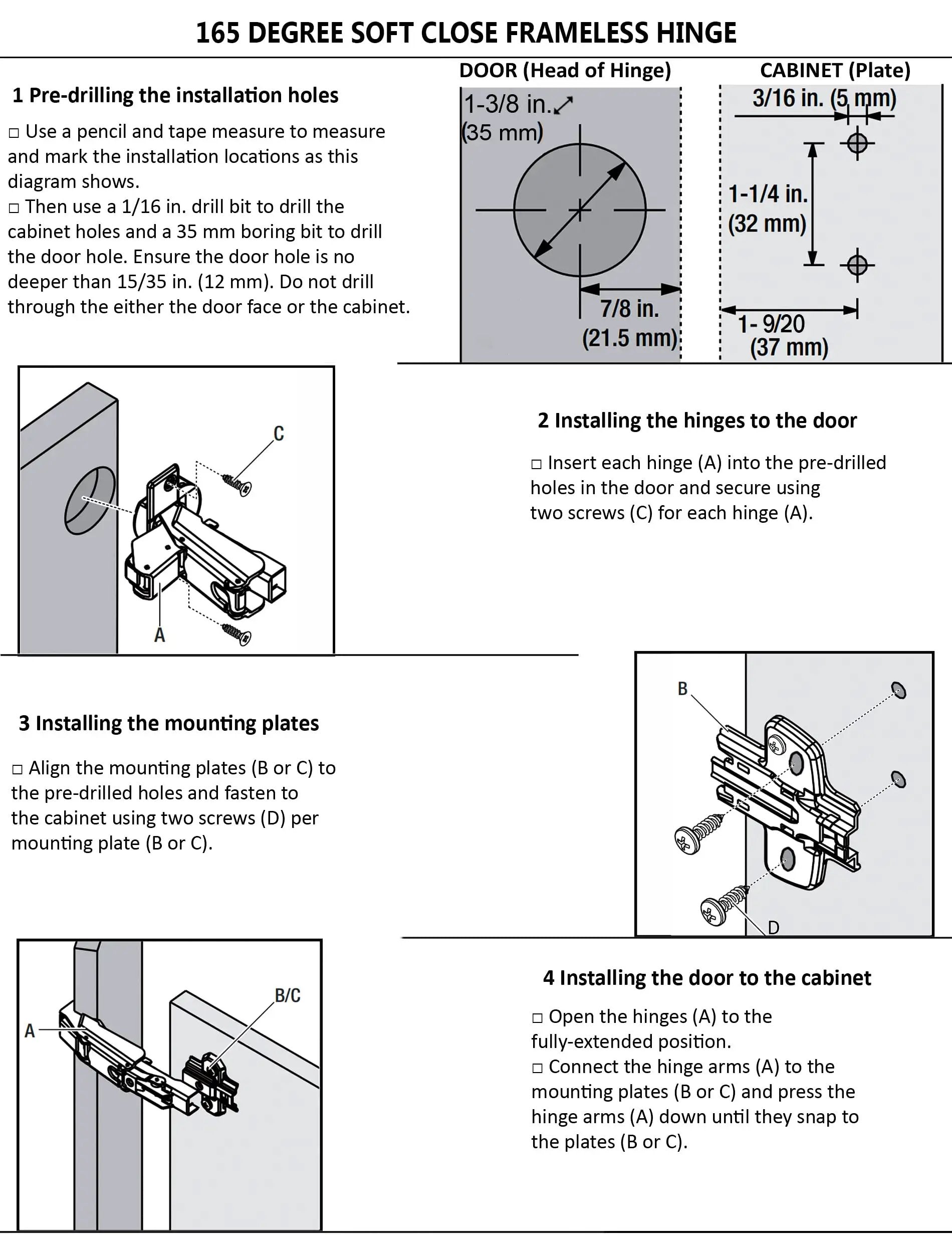 Installation guide for Concealed Hydraulic 165 Degree Frameless Cabinet Door Hinges With Adjustable Mounting Easy Install Soft Closing Nickel Plated Steel Buffer Dampers For Wardrobe 2 Pack Full Overlay.