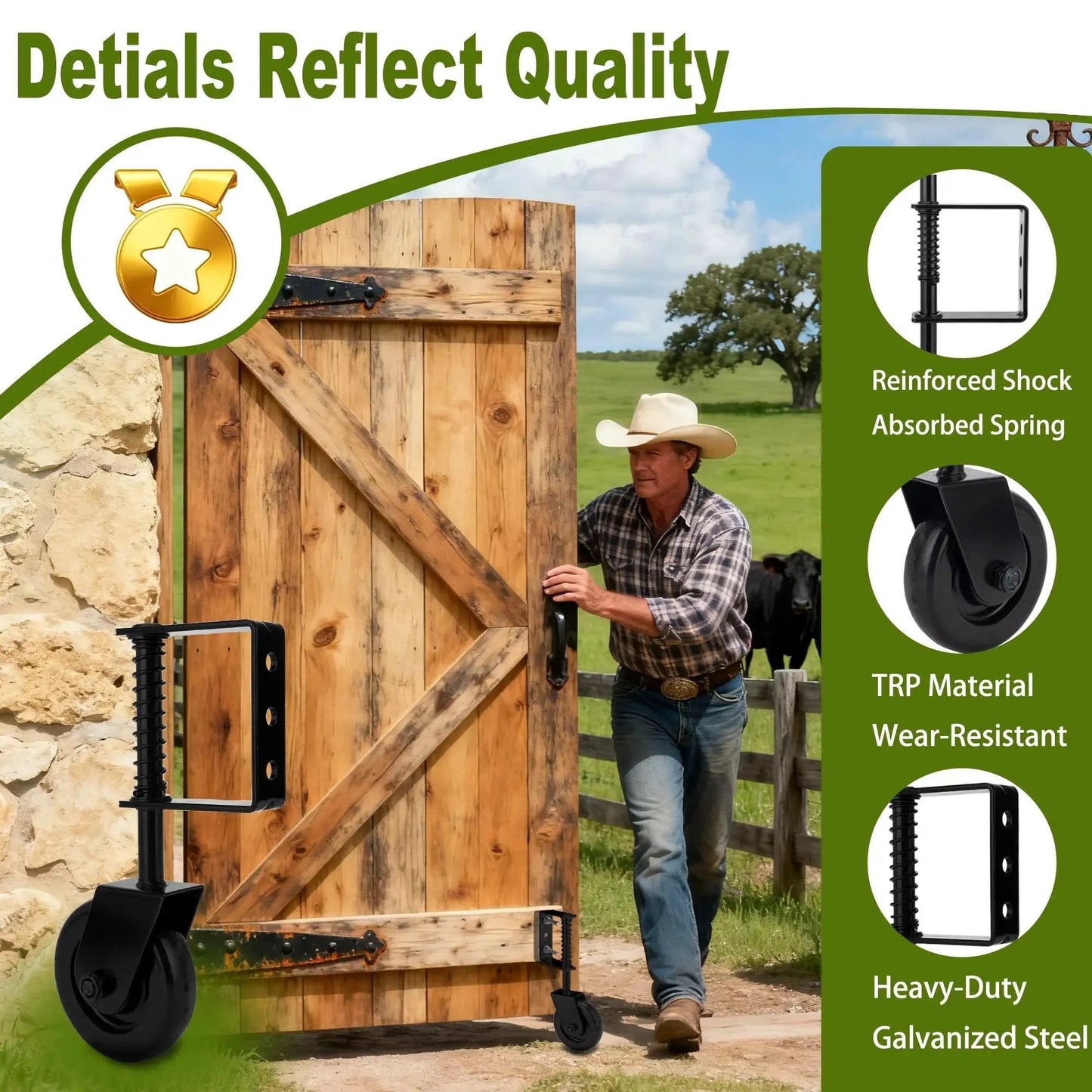 4.3 Inch Heavy Duty Gate Wheel With Spring Loaded Caster on wooden gate with man opening gate in countryside setting.