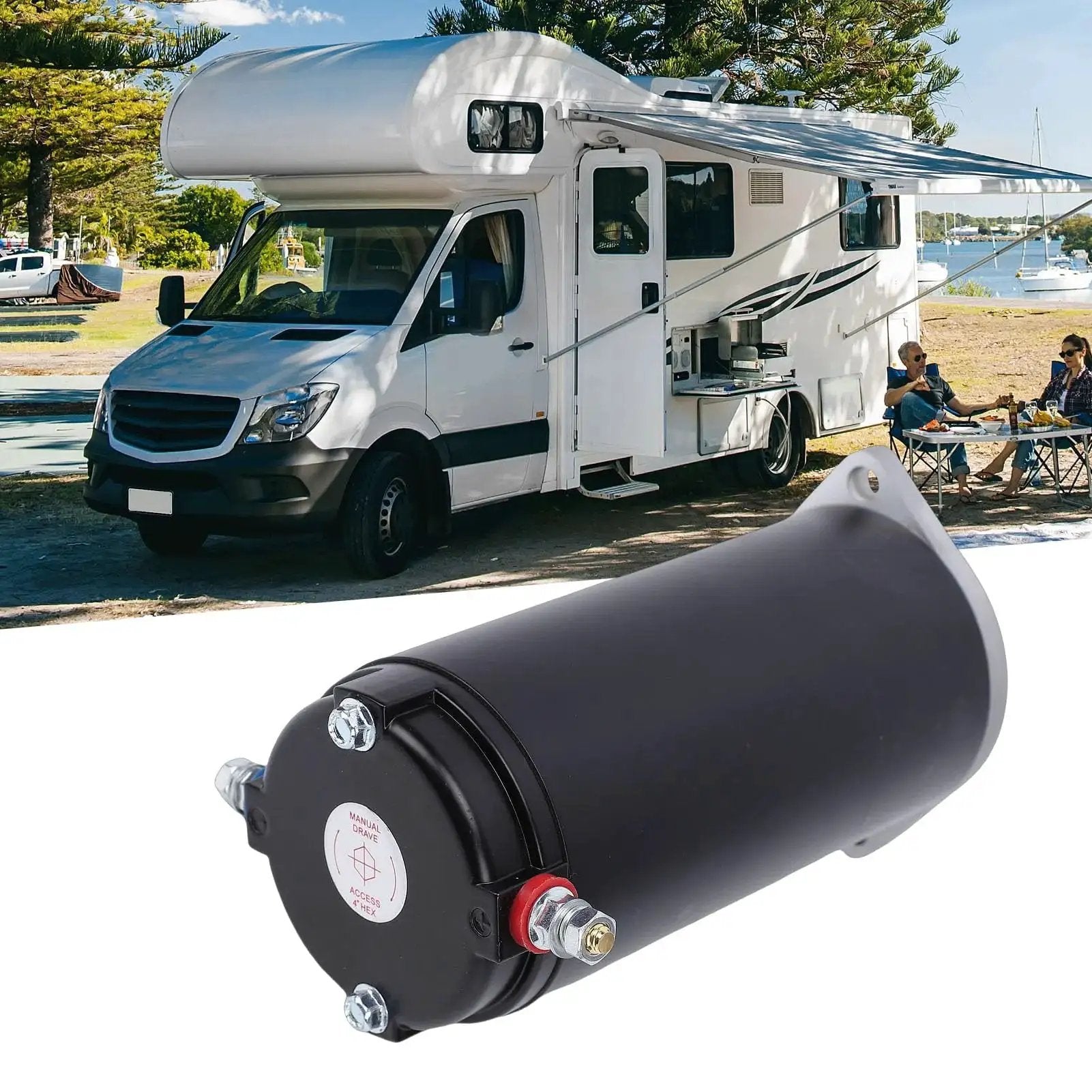 RV Leveling System Hydraulic Pump Motor OE Spec Replacement 414850 286722 with a motorhome in the background