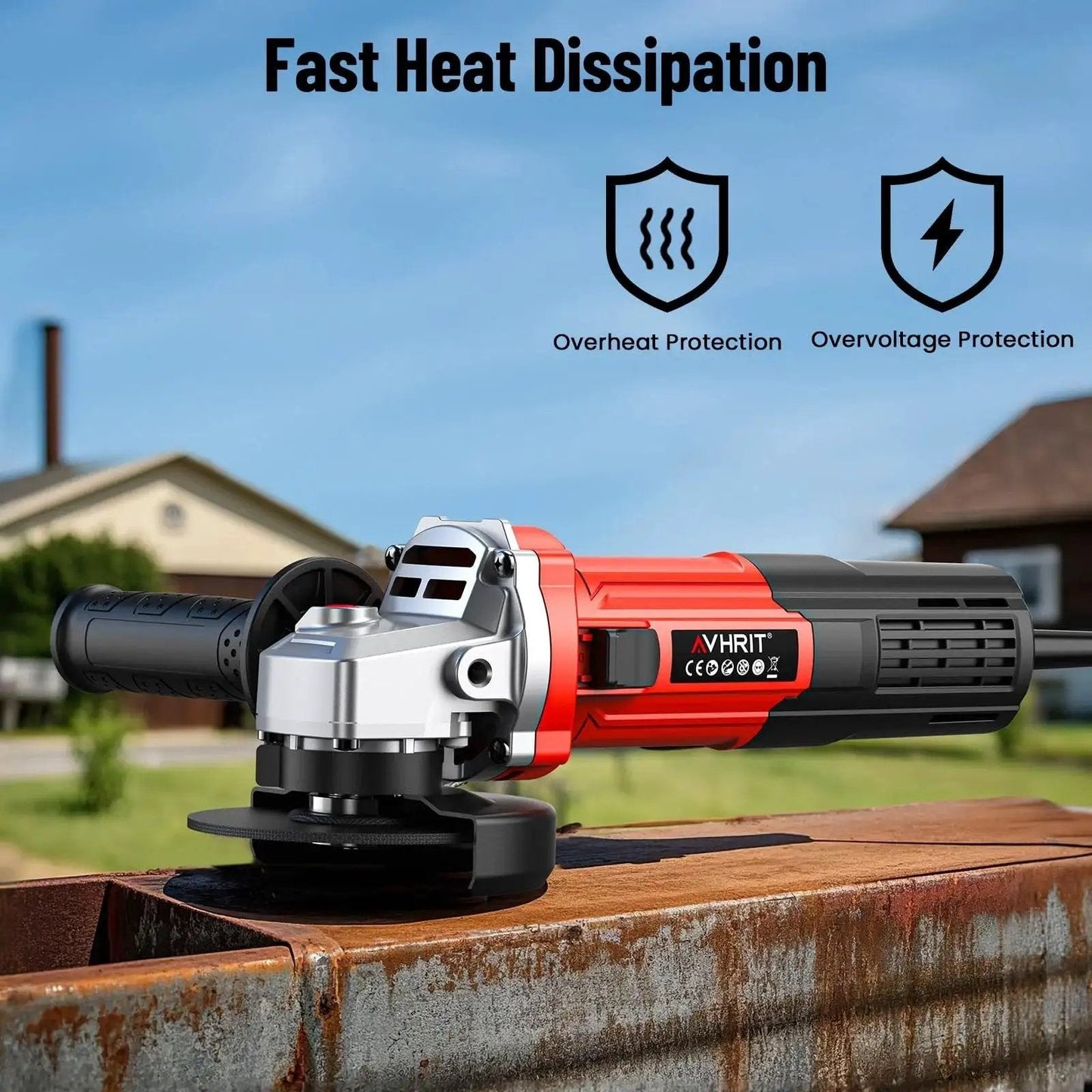 Powerful Four And A Half Inch Angle Grinder With Ten Amp Motor Delivers Up To One Thousand Two Hundred Watts And Thirteen Thousand RPM For Cutting Metal Grinding Concrete And Polishing Surfaces In DIY And Professional Projects shown on metal beam outdoors