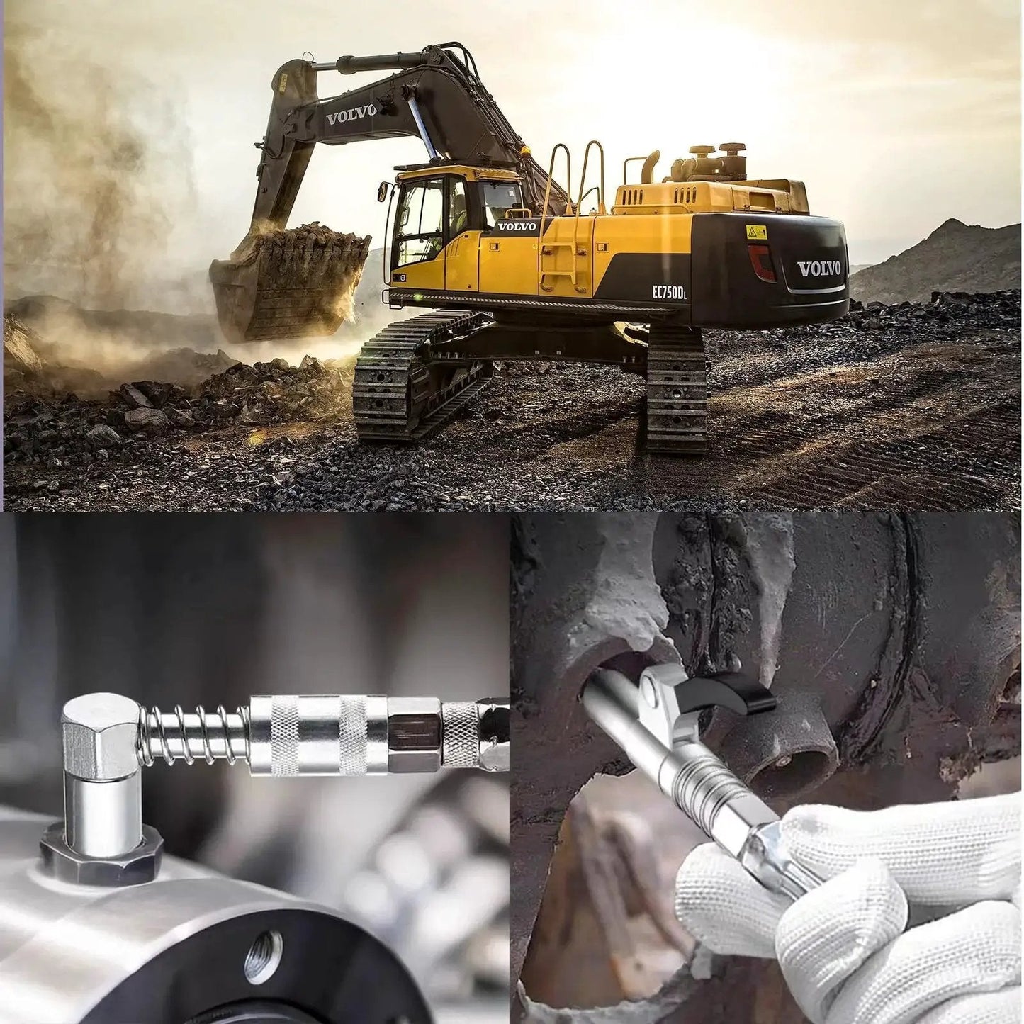 Excavator in quarry with grease gun accessory kit for quick lube, featuring needle dispenser, coupler adapter, 12 inch hose close-up.