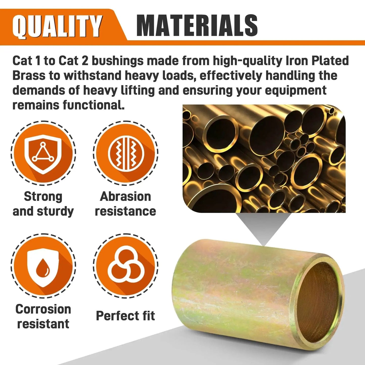 Universal Quick Hitch Lower Lift Arm Bushing Kit For Cat I To Cat II Systems features strong iron plated brass bushings and benefits.