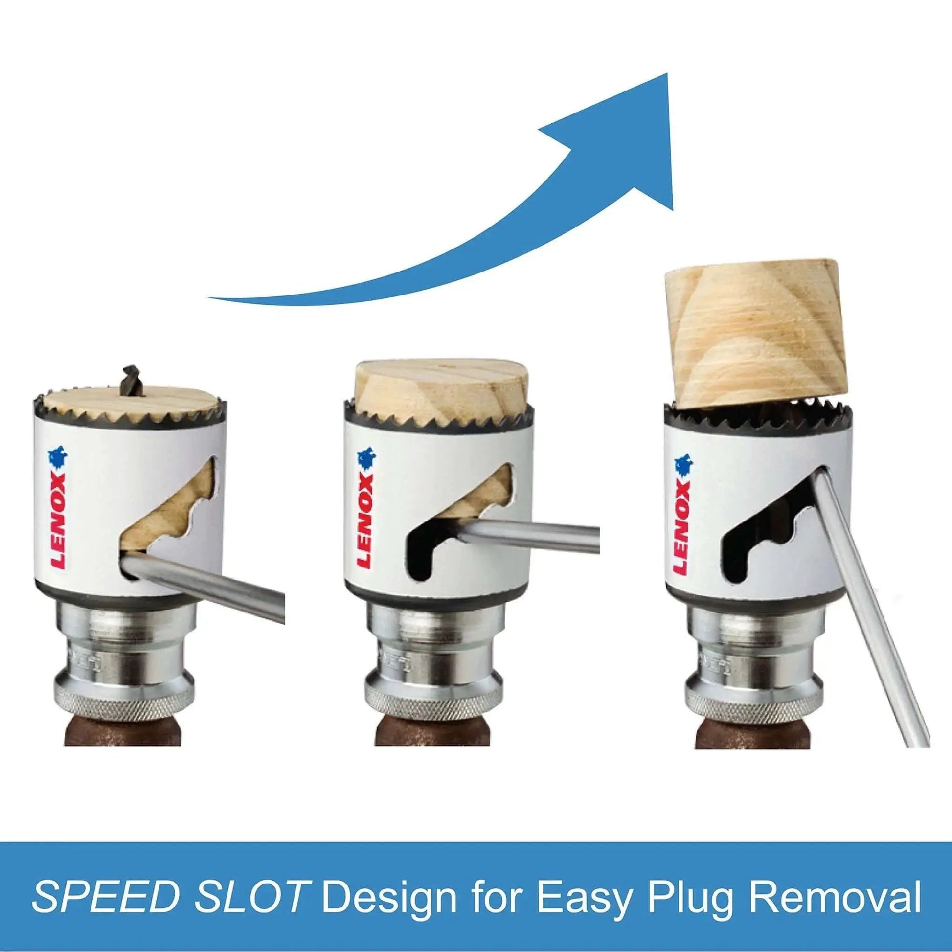 Bi Metal Hole Saw With Speed Slot For Fast Metal Cutting Seven Eighths Inch Arbor Twice As Durable With Longer Life And Larger Sharp Teeth For Quick Penetration And Easy Plug Ejection By LENOX Tools in use, showing plug removal in three steps.