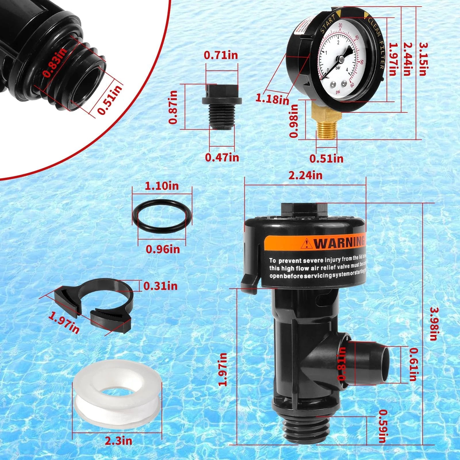 Components of Manual Air Relief Valve Assembly With Pool Filter Pressure Gauge Kit for Pool and Spa Filters