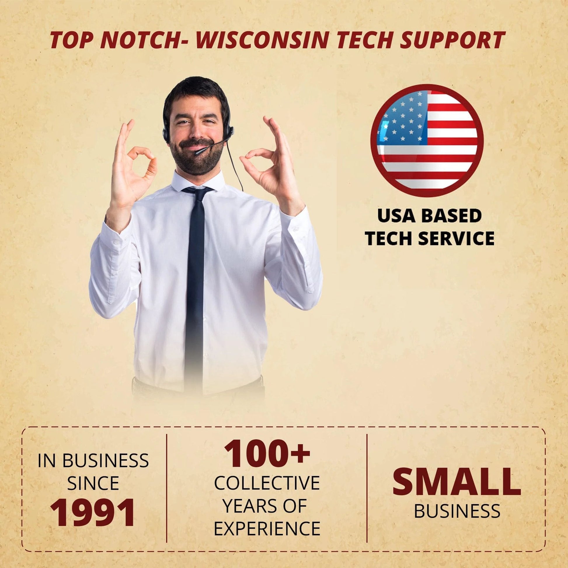Man in white shirt and black tie making OK sign, promoting USA-based tech support with American flag symbol, business since 1991.