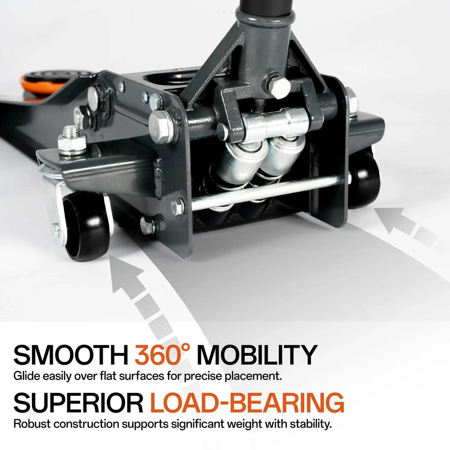 Close-up of Low Profile 3 Ton Hydraulic Floor Jack With Dual Pistons And Quick Lift, focusing on dual pistons and mobility features.