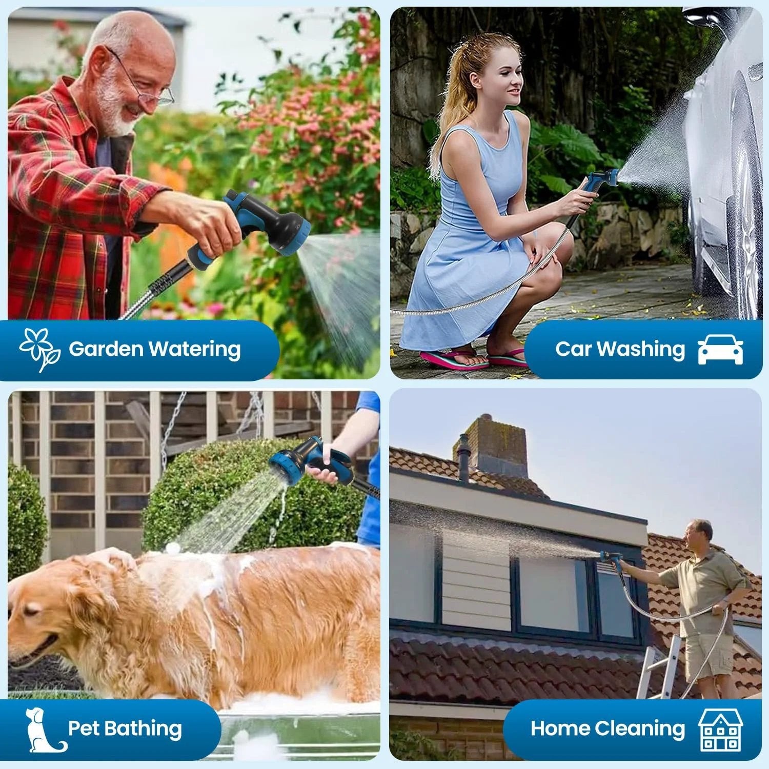 Image showing uses of Ultra Flex Stainless Steel Garden Hose 100 Ft With 10 Function Nozzle for watering, washing, and cleaning