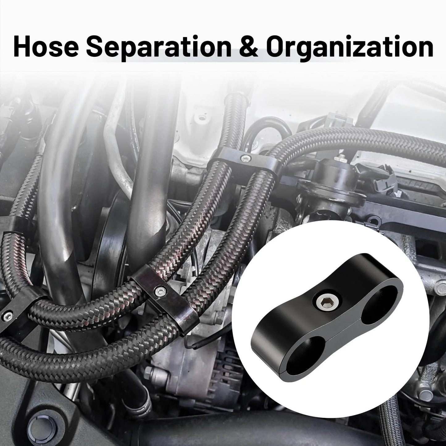 6AN Hose Separator Clamp Set For AN6 Fuel Lines Aluminum Black 6061-T6 Mounting Clips in engine bay installation