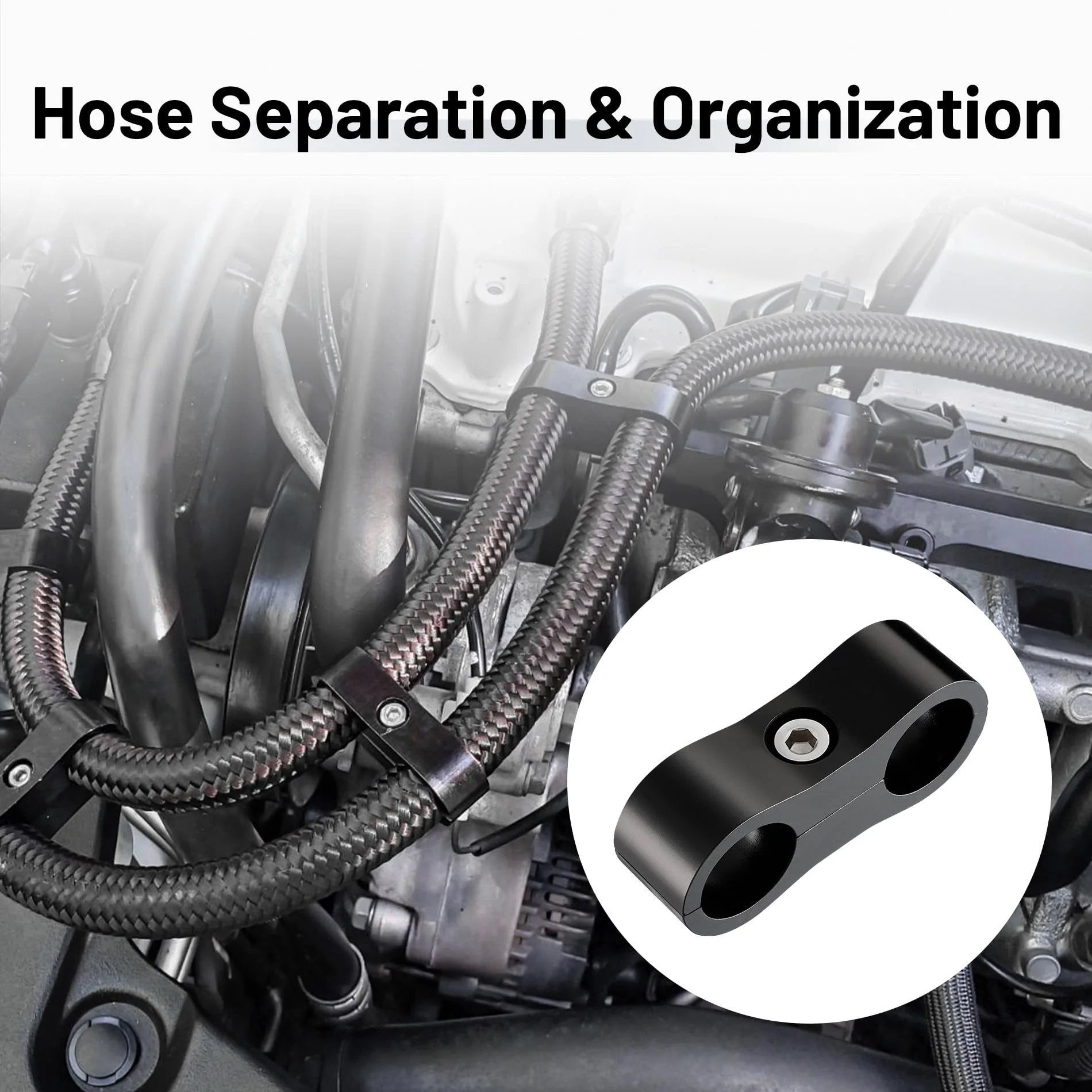 6AN Hose Separator Clamp Set For AN6 Fuel Lines Aluminum Black 6061-T6 Mounting Clips in engine bay installation