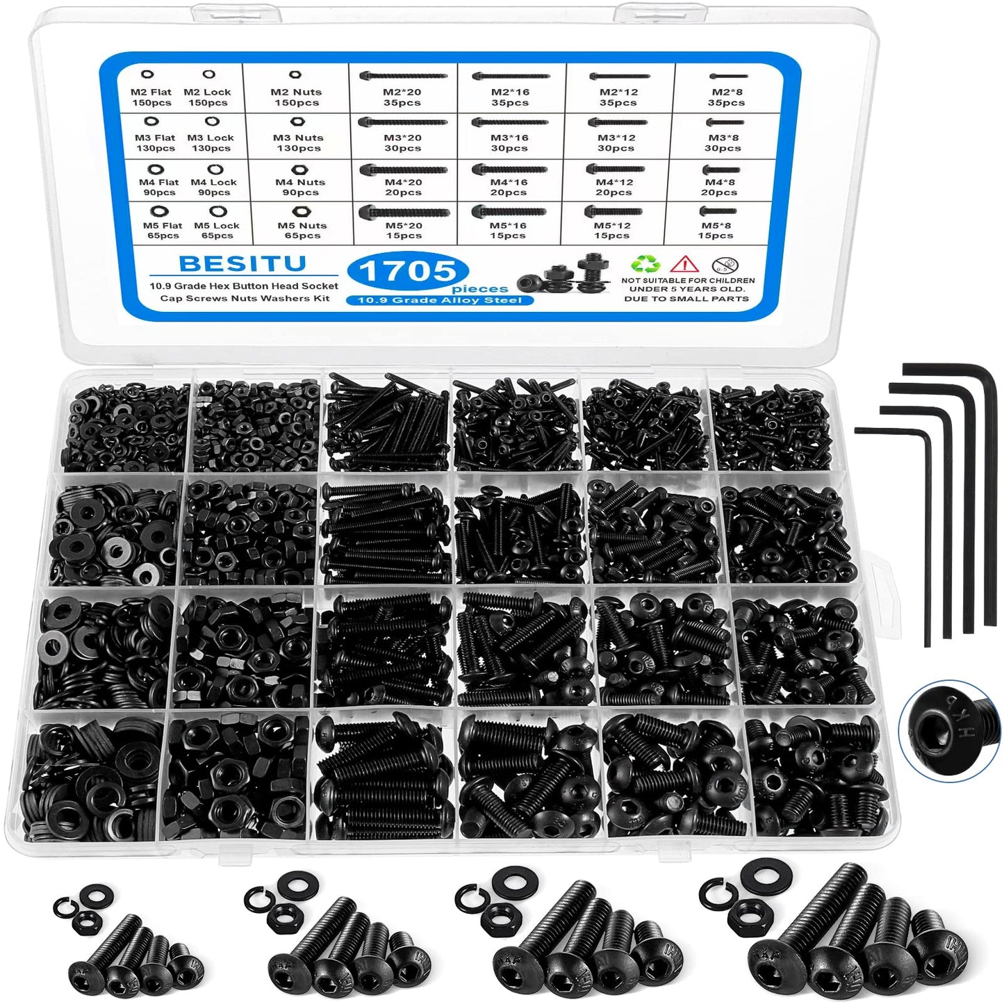 1705 Pcs Machine Screw Kit With M2 M3 M4 M5 Bolts Nuts Lock And Flat Washers Hex Button Head Alloy Steel Cap Screws Grade 10.9 With Allen Wrench For DIY Projects Home Repairs And Auto