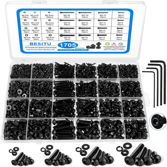 1705 Pcs Machine Screw Kit With M2 M3 M4 M5 Bolts Nuts Lock And Flat Washers Hex Button Head Alloy Steel Cap Screws Grade 10.9 With Allen Wrench For DIY Projects Home Repairs And Auto