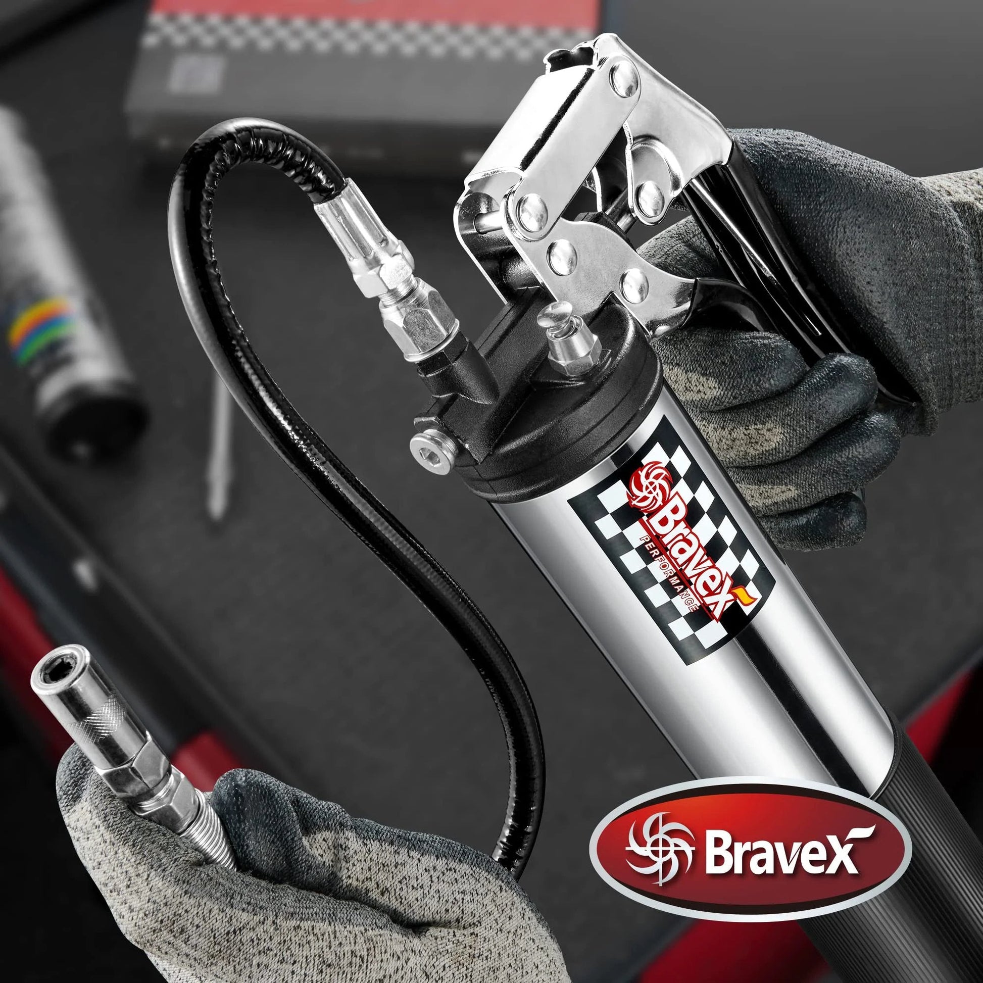 Heavy Duty Pistol Grip Grease Gun With 6000 PSI And 18 Inch Flexible Hose For Pro Shops And DIY Gear Bravex Chrome Canister