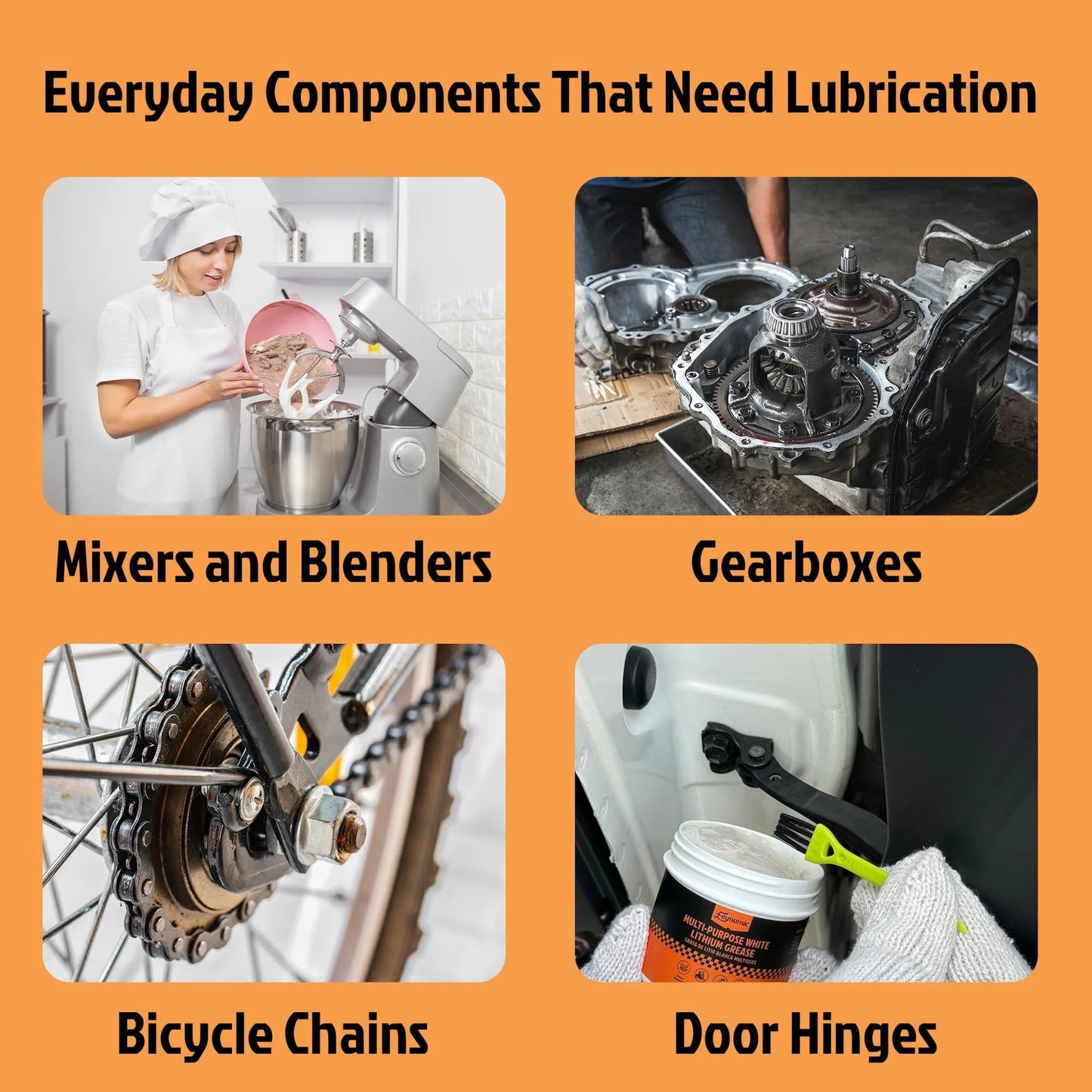 White Lithium Multi Purpose Grease 3.52 Oz Heavy Duty NLGI 2 for mixers, gearboxes, bicycle chains, and door hinges.