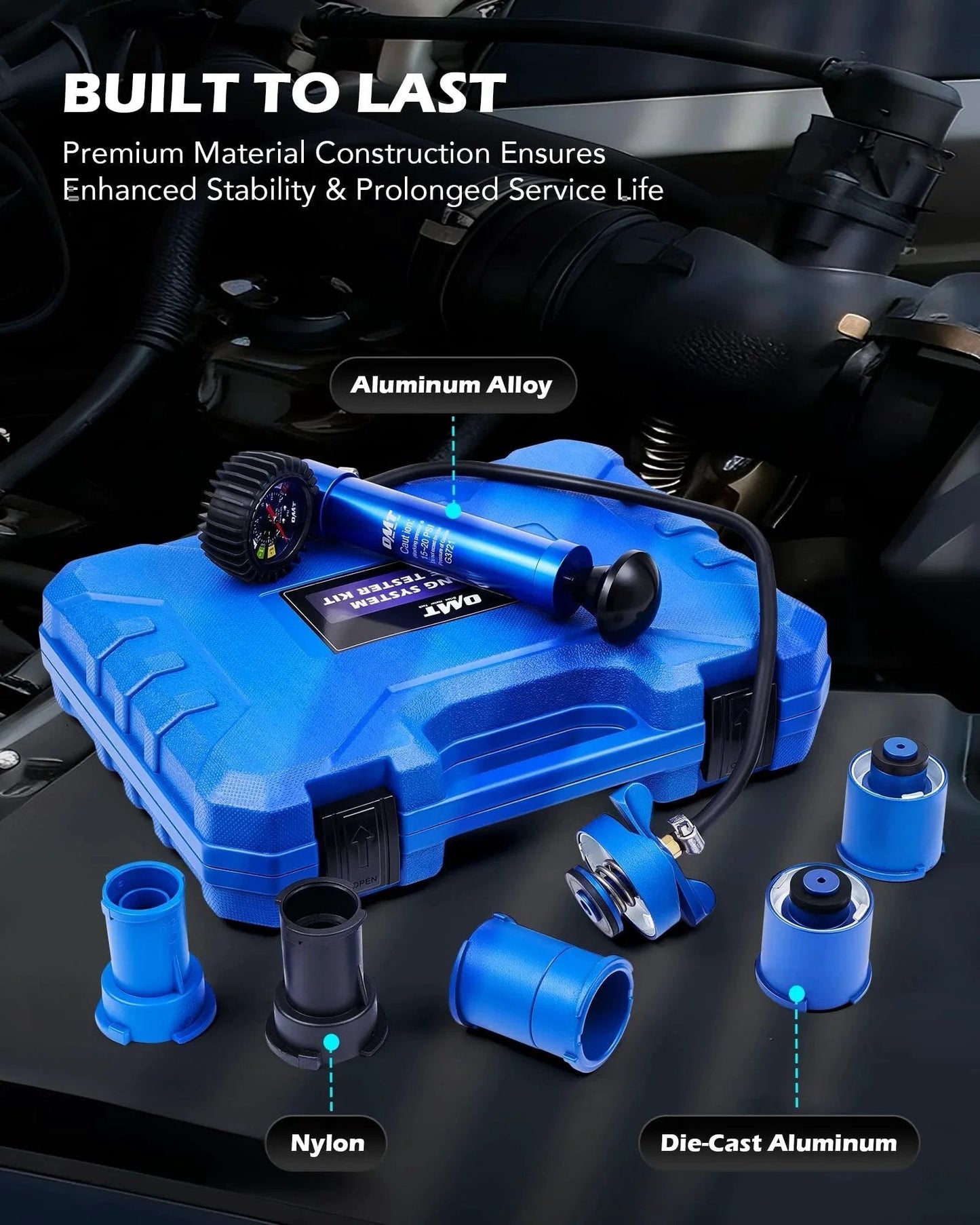 All-In-One 7-Piece Radiator Pressure Tester Kit With Aluminum Pump And 0-30 Psi Gauge on a blue case, with adapters visible