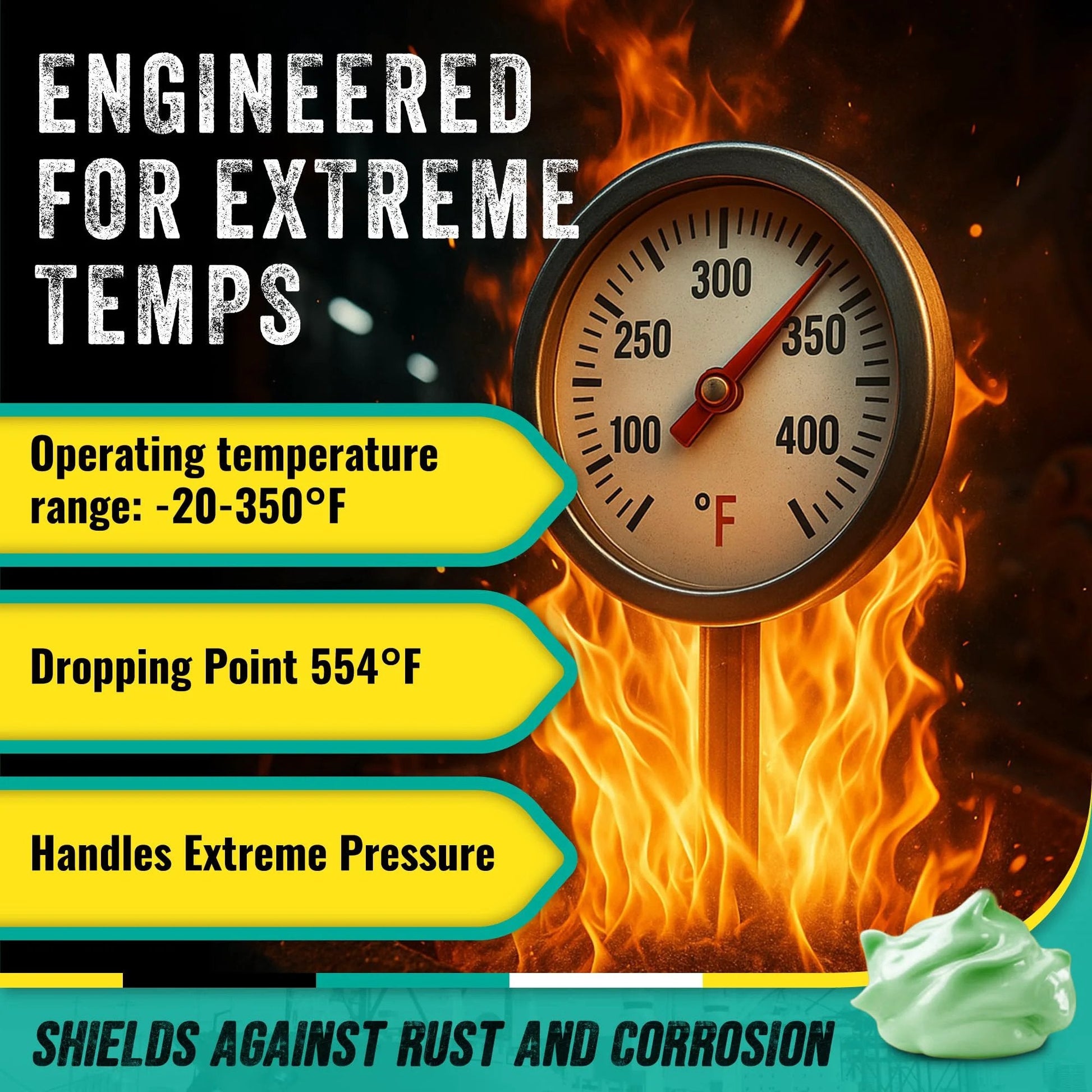 Thermometer with high temperature reading surrounded by flames, All Purpose Heavy Duty Green Grease Tube 14 Ounce NLGI 2 High Temperature Waterproof Marine Grade Rust Resistant Wheel Bearing Lubricant For Auto Farm Home Use, highlighted for extreme conditions.