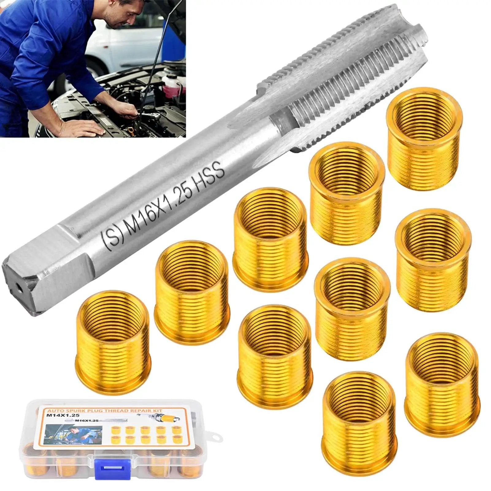 Spark Plug Thread Repair Kit With 10 Inserts And Tap For M14x1.25 showing stainless inserts and a precision tap