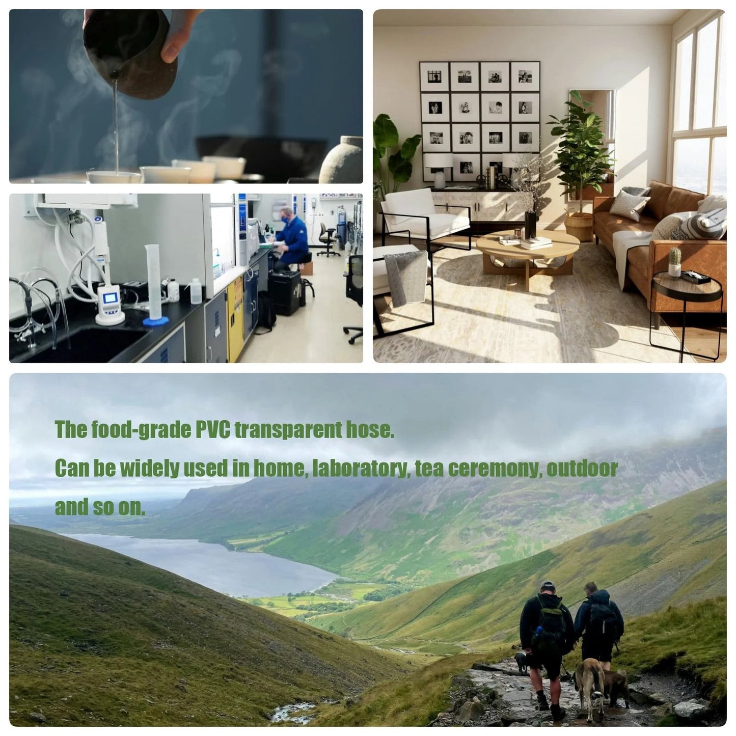 Collage showing diverse uses of food-grade PVC transparent hose including home, lab, and outdoor activities.