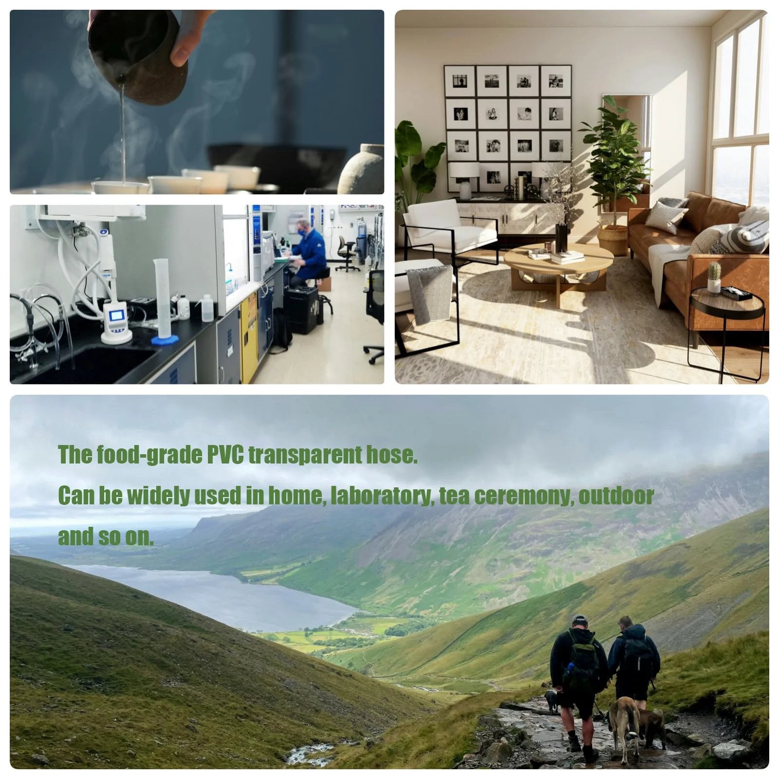 Collage showing diverse uses of food-grade PVC transparent hose including home, lab, and outdoor activities.