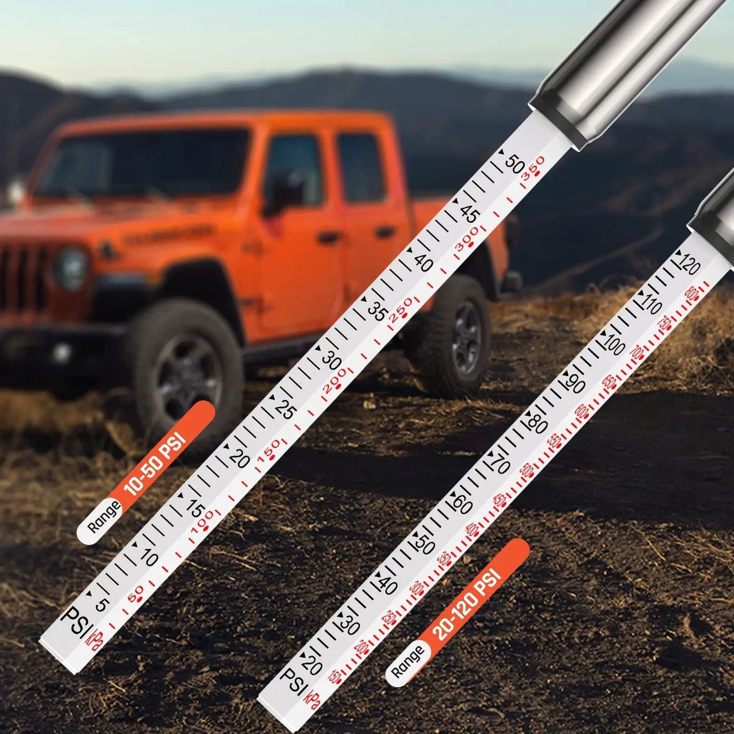 Pencil Tire Pressure Gauge Set Two Pack With 16 Tire Caps And Dual Ranges 10 To 50 PSI And 20 To 120 PSI Stainless Steel Body, showing dual ranges.