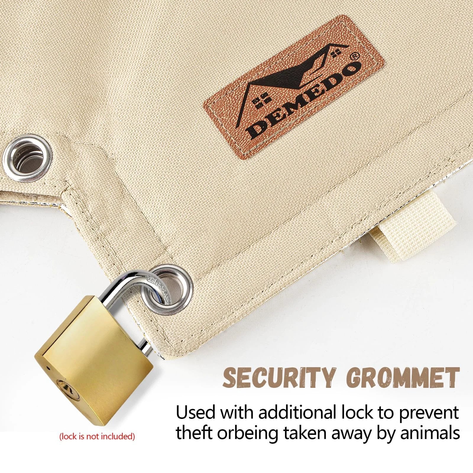 Close-up of beige backflow preventer cover for pressure vacuum breaker with a security grommet and lock, highlighting fabric and grommet details.