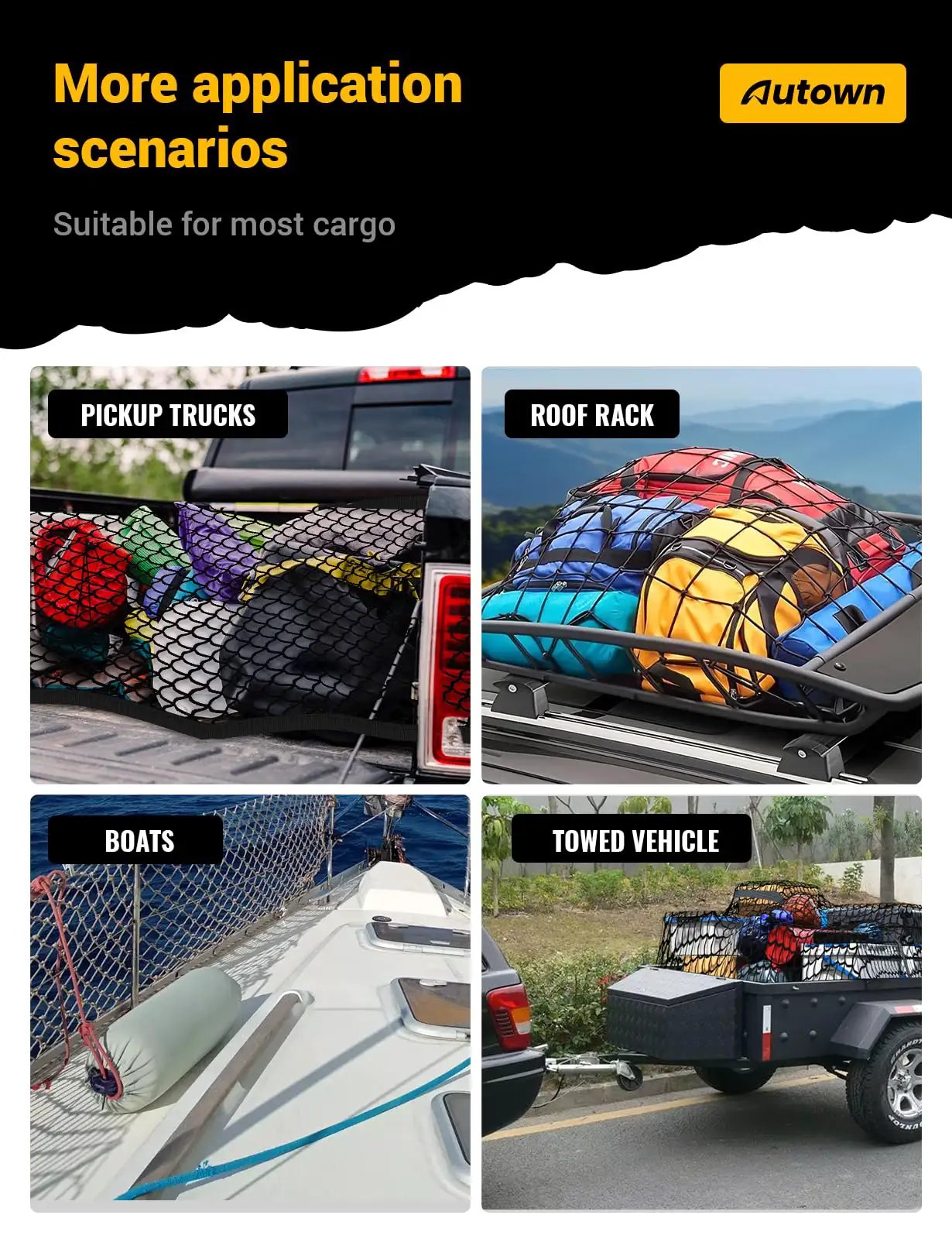 Stretchable Cargo Net for Pickup Truck Bed 4x4 to 7x7 With 1x1 Fine Mesh and 8 Carabiners shown securing cargo on pickup truck, roof rack, boats, and towed vehicle.