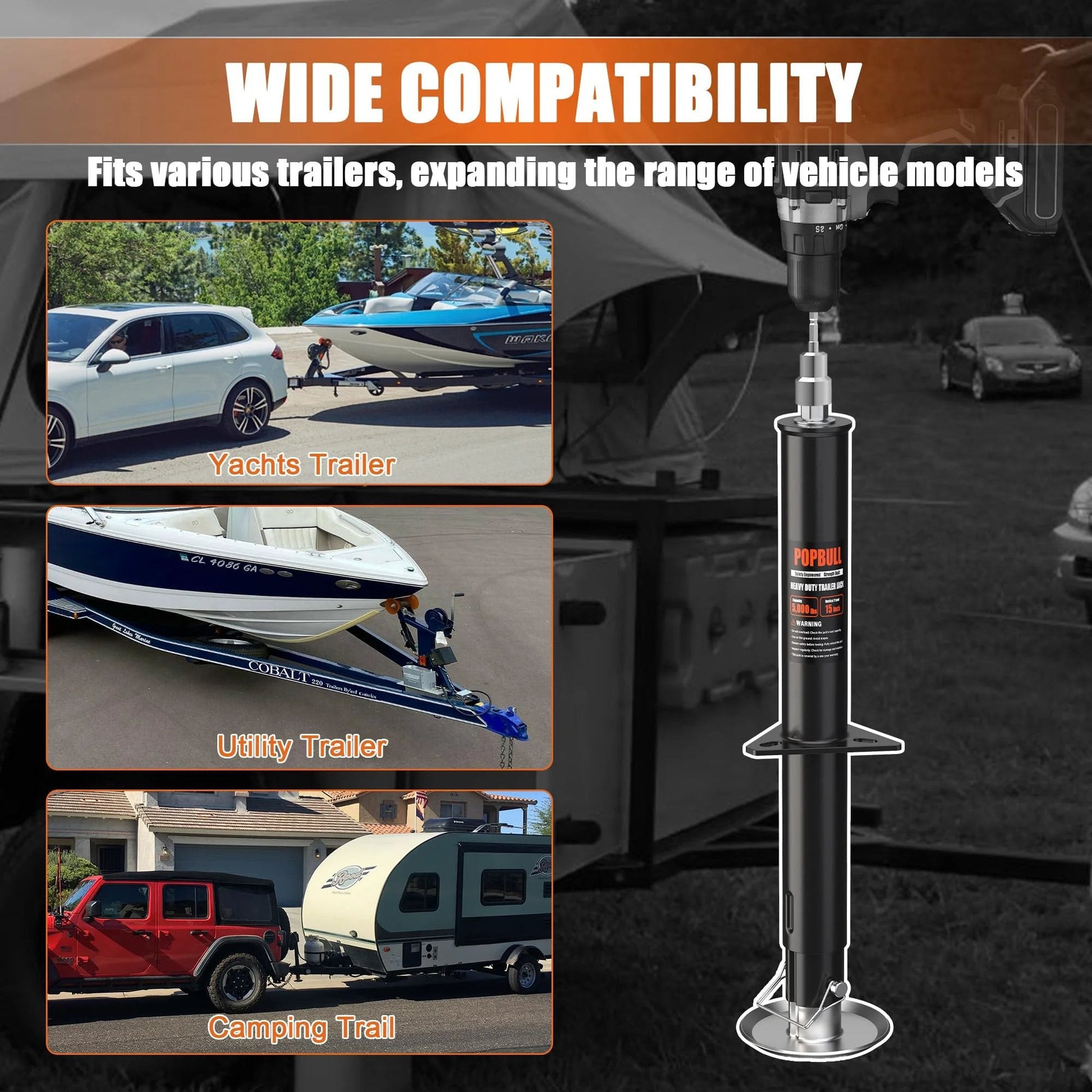 Heavy Duty 5000lb A Frame Trailer Jack with 30 Inch Lift shown with utility and RV trailer compatibility