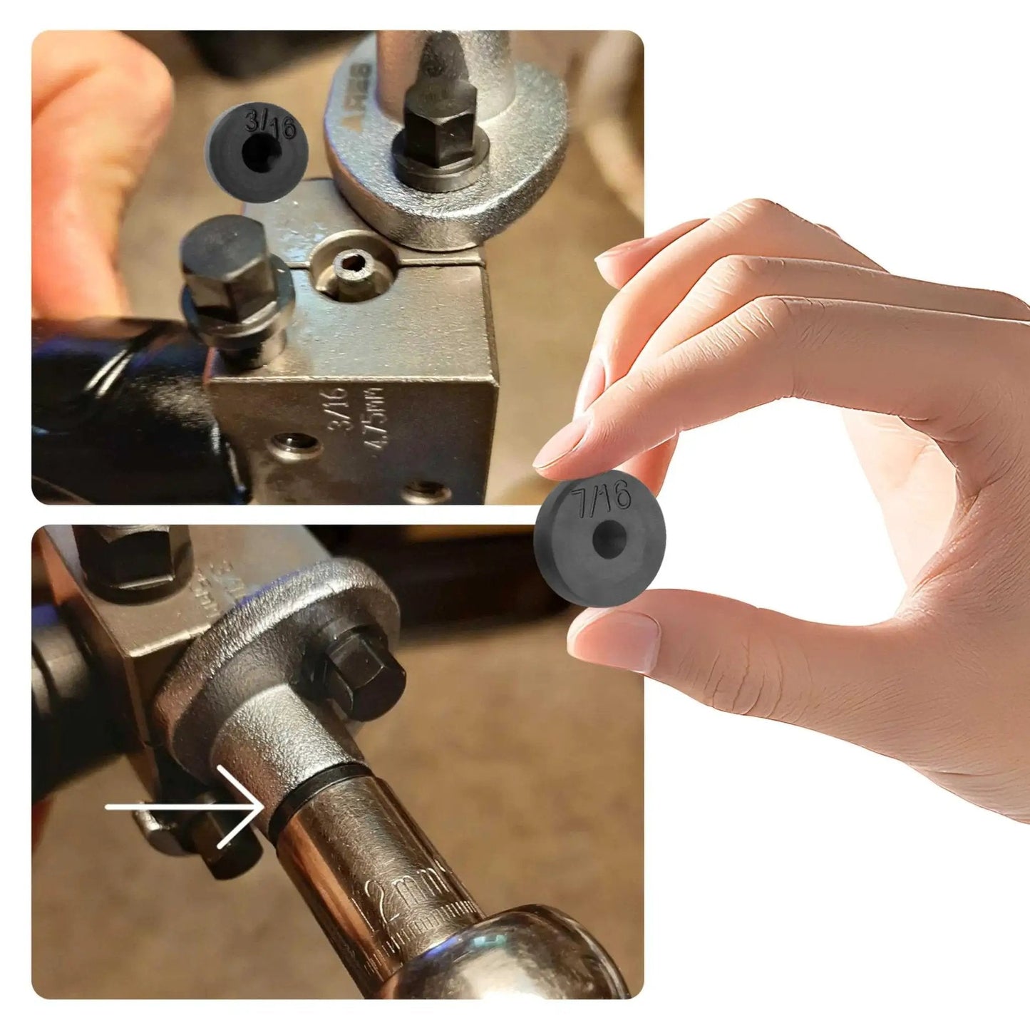 Close-up of 7 Piece Double Flare Tool Adapters For Brake Lines 3 Sixteenths To 5 Eighths Inch in use on brake line.